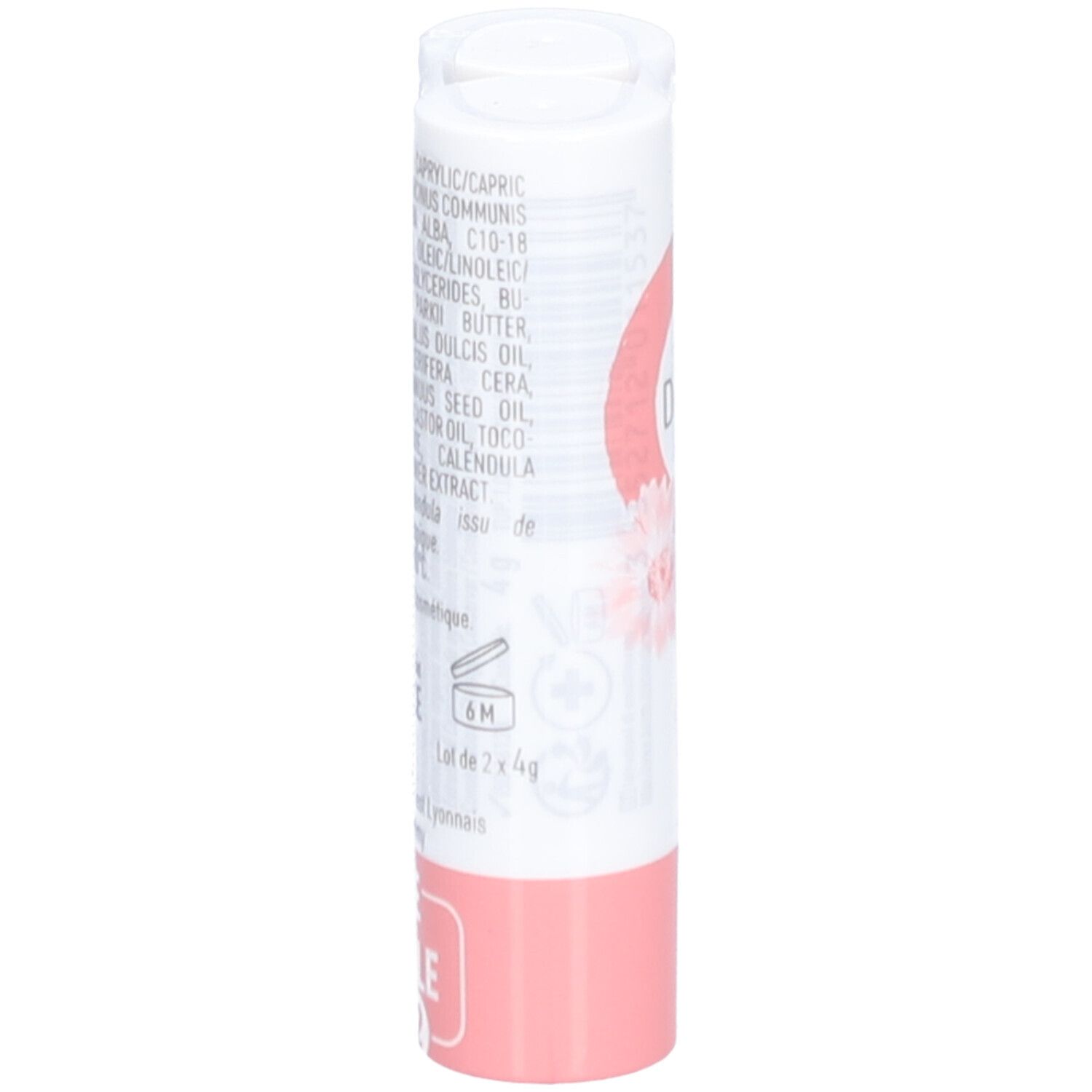 Stick lèvres, blanc avec base rose. Imprimé: Ingrédients, 6M, Lot de 2 x 4g.