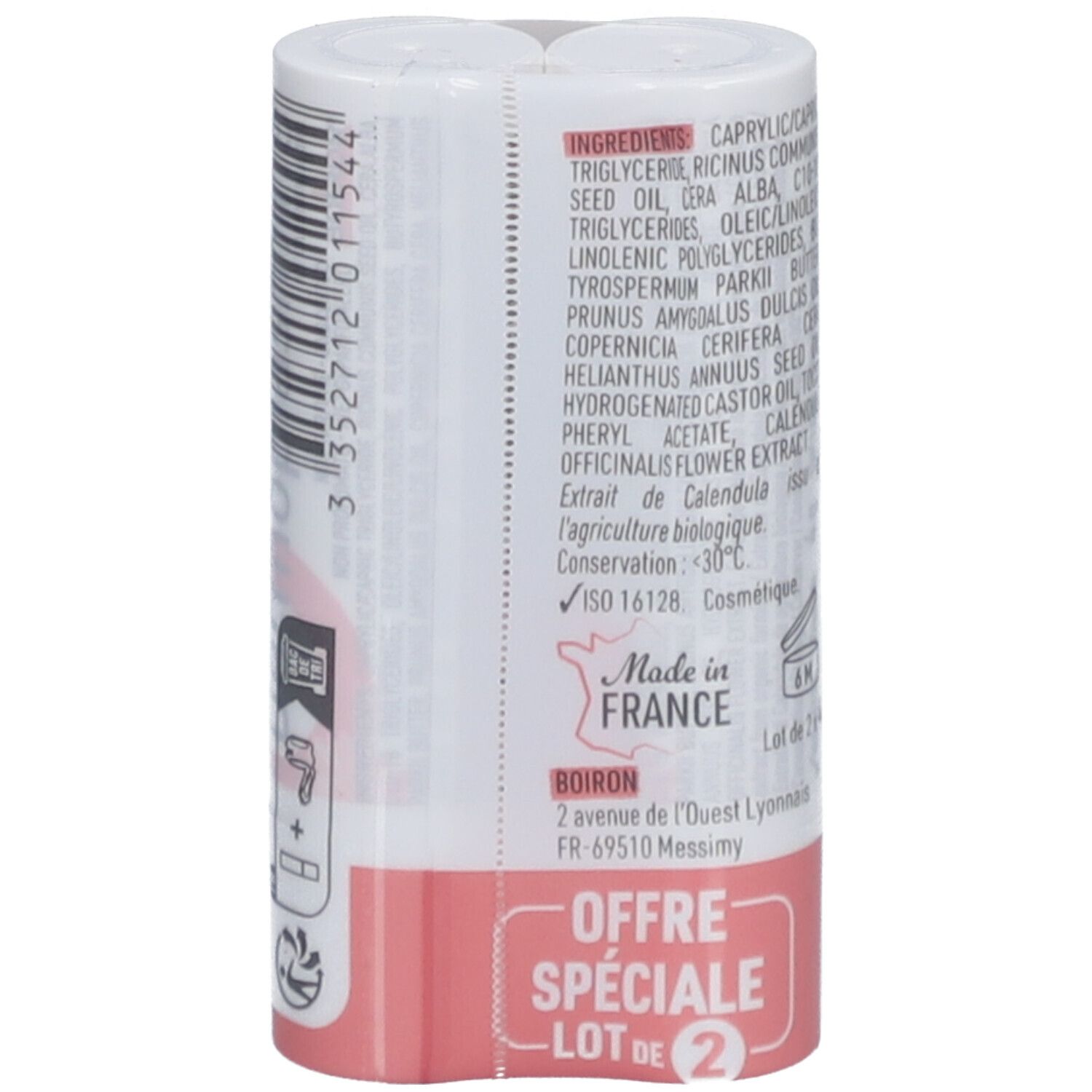Emballage de deux sticks lèvres. Inscription: Ingrédients, 'Made in France', Boiron, 'Offre Spéciale Lot de 2'.