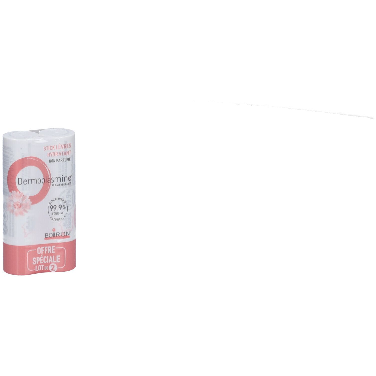 Deux sticks lèvres dans un emballage blanc et rose. Inscription: Dermoplasmine, Calendula, Boiron, 'Offre Spéciale Lot de 2'.