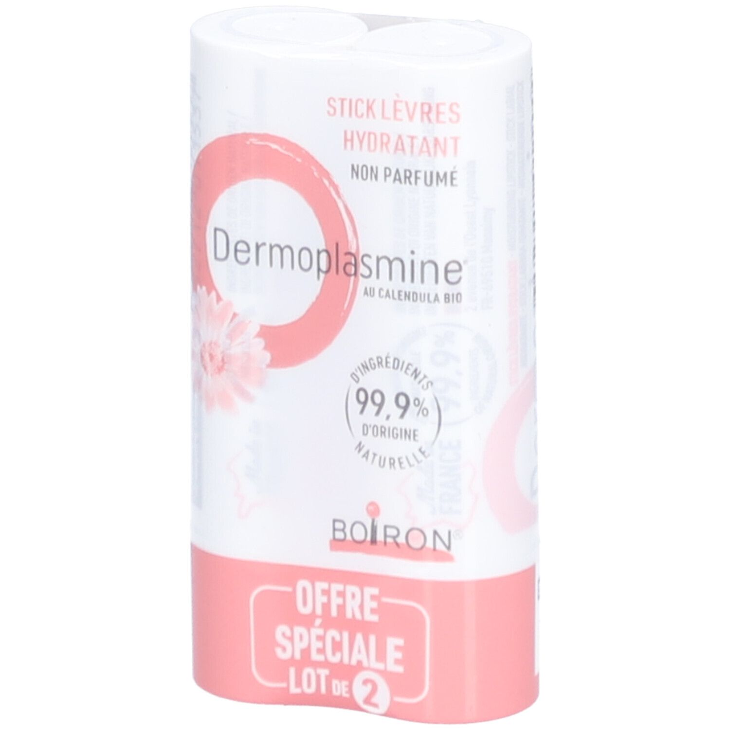 Deux sticks lèvres dans un emballage blanc et rose. Inscription: Dermoplasmine, Calendula, Boiron, 'Offre Spéciale Lot de 2'.