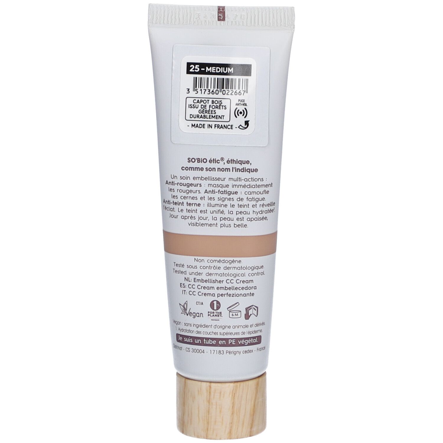 Rückseite des SO BIO ETIC CC Perfect-Tubes, Farbton Medium. Text und Barcode. Vegan-Logo.