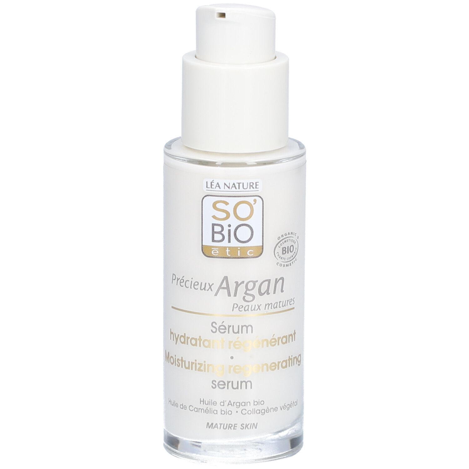 Weißes Fläschchen mit Pumpverschluss. Beschriftung: SO BIO etic, Argan, Serum, Peaux matures. Bio-Siegel.