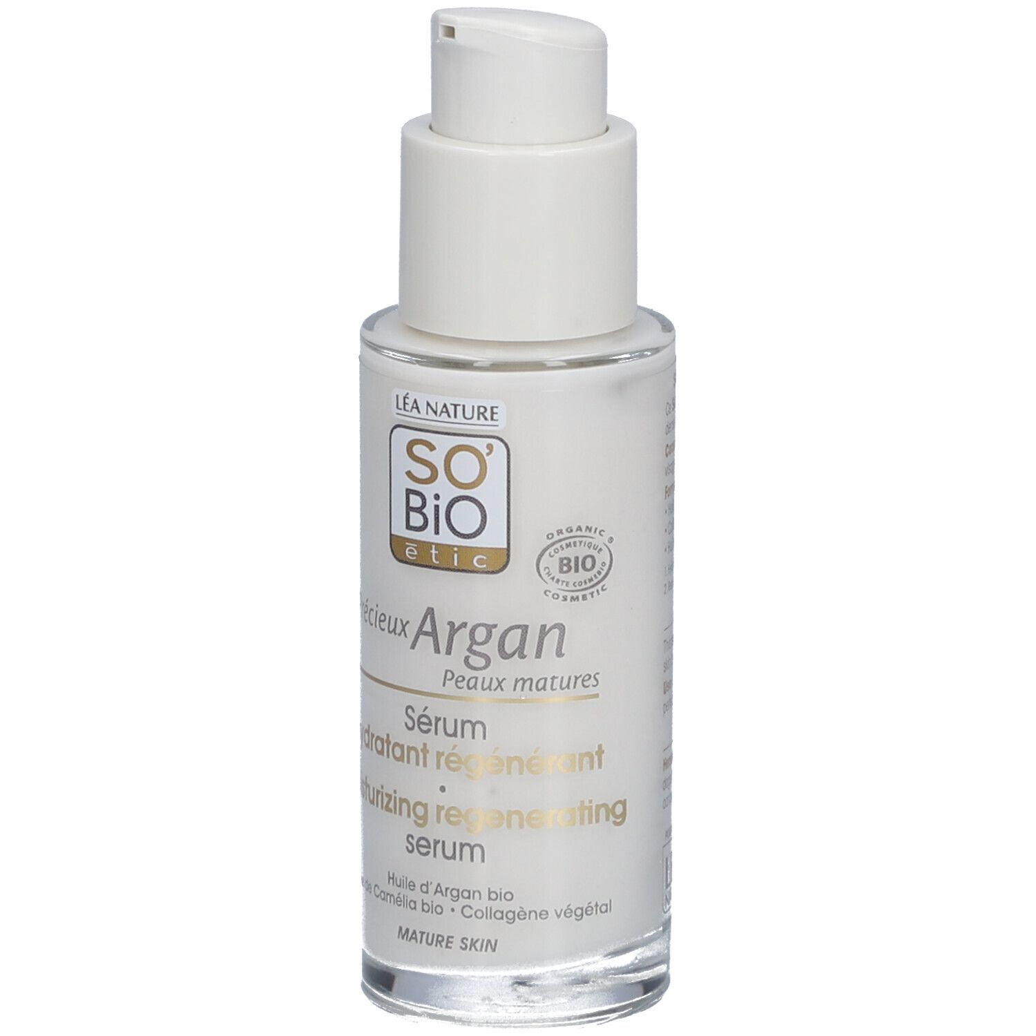 Weißes Fläschchen mit Pumpverschluss. Beschriftung: SO BIO etic, Argan, Serum, Peaux matures. Bio-Siegel.