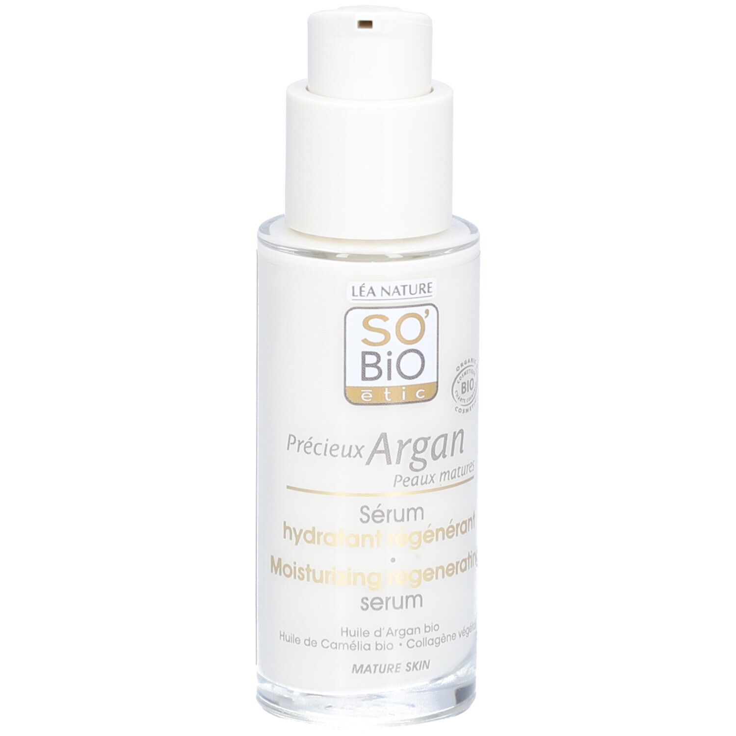 Weißes Fläschchen mit Pumpverschluss. Beschriftung: SO BIO etic, Argan, Serum, Peaux matures. Bio-Siegel.