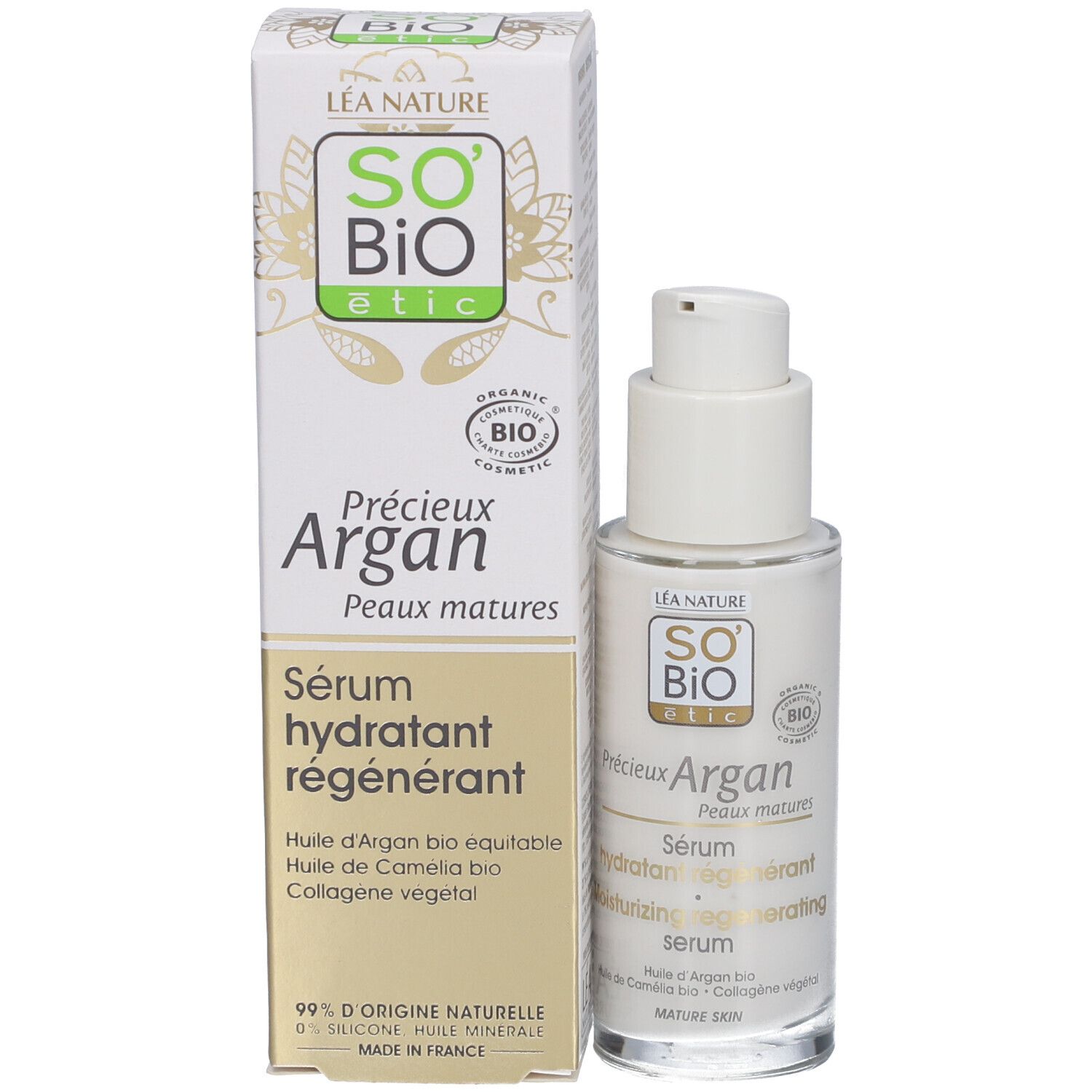 Produktflasche und Verpackung. Beschriftung: SO BIO etic, Argan, Serum, Peaux matures. Bio-Siegel.