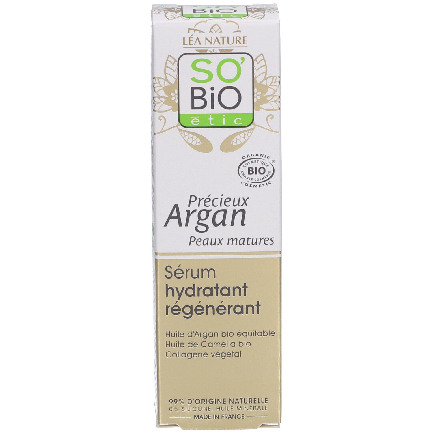 Produktverpackung. Beschriftung: SO BIO etic, Argan, Serum, Peaux matures. Bio-Siegel.