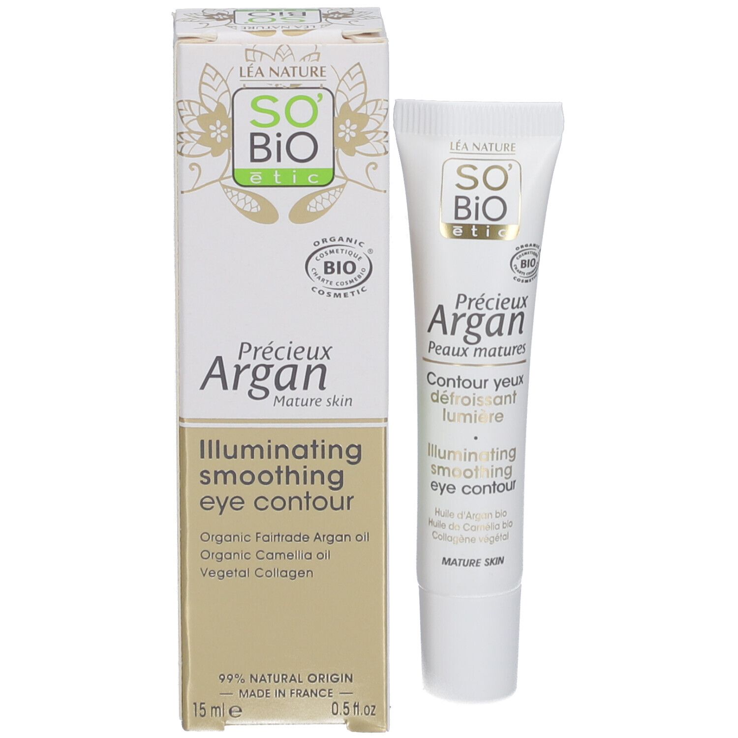 Tube et boîte. Inscription: SO BIO etic, Précieux Argan, Contour Yeux Défroissant Lumière. Certification bio.
