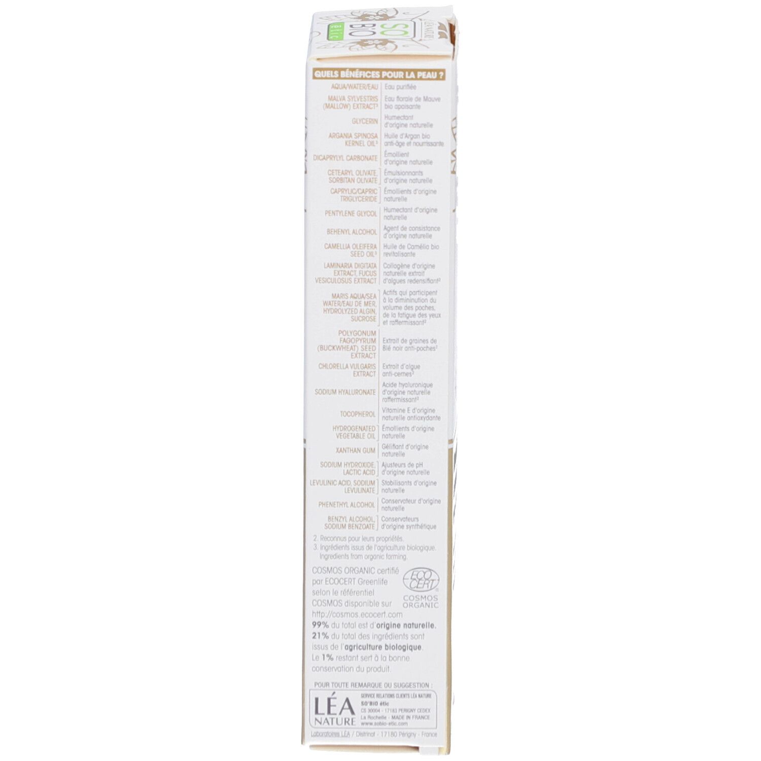 Boîte, vue latérale. Texte: ingrédients, certification bio, 99% origine naturelle, fabriqué en France.