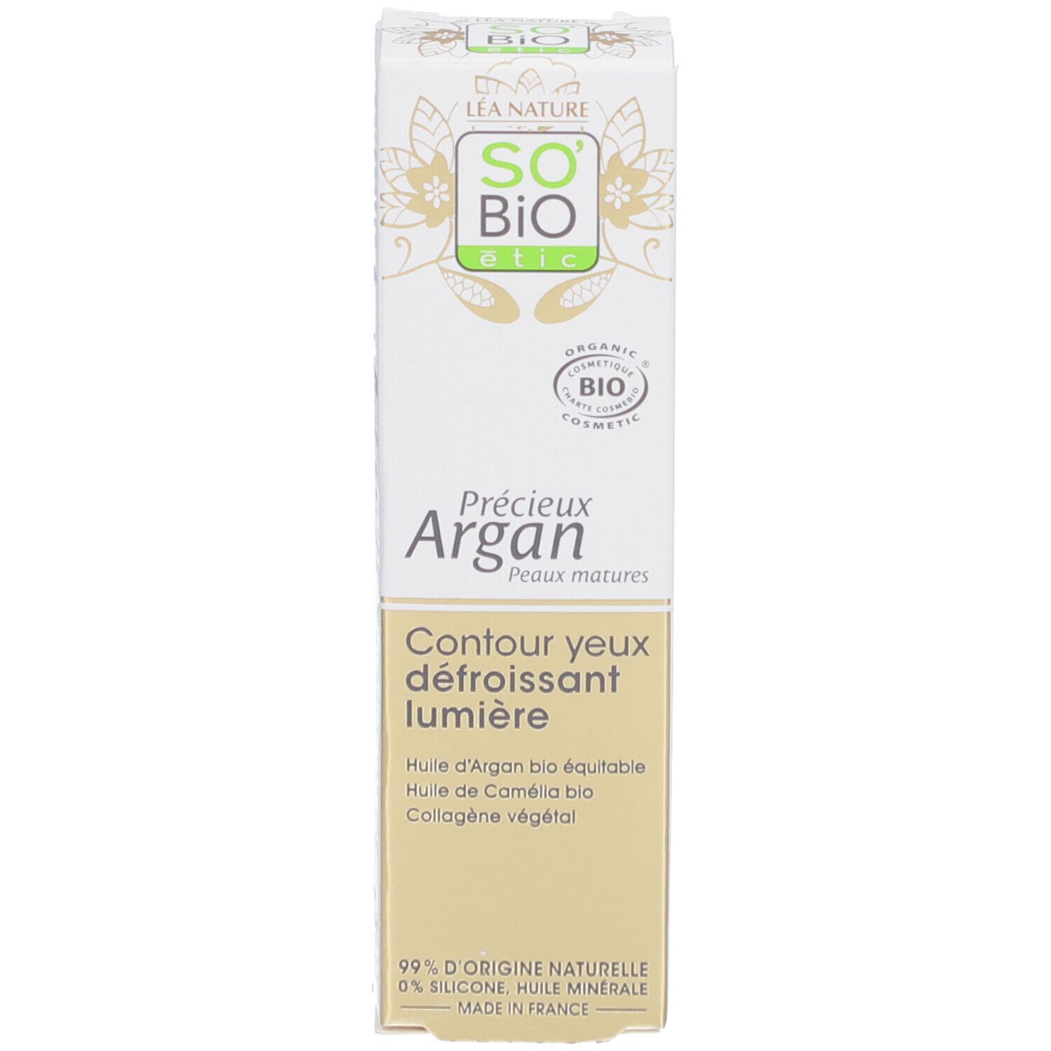 Boîte. Inscription: SO BIO etic, Précieux Argan, Contour Yeux Défroissant Lumière. Certification bio.