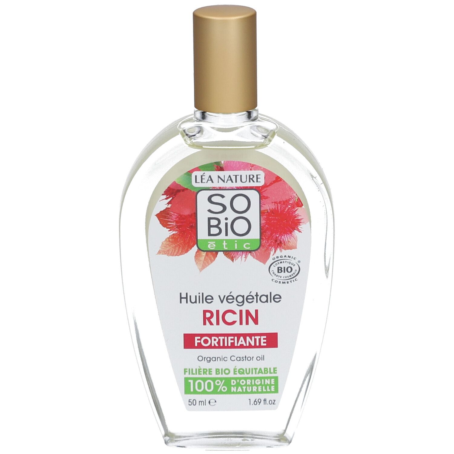 Flacon d'huile SO BIO ETIC. Verre transparent, bouchon doré. Étiquette rouge avec texte et logo.