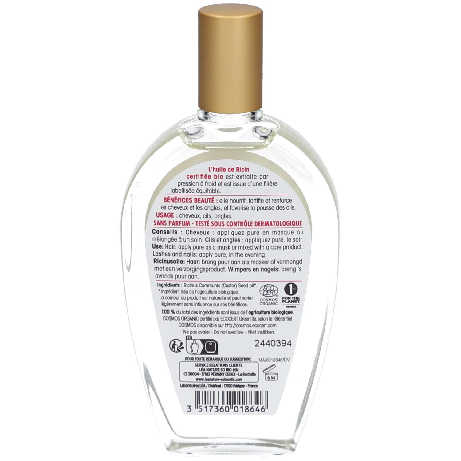 Dos du flacon d'huile SO BIO ETIC. Flacon en verre transparent avec texte et logo sur l'étiquette.