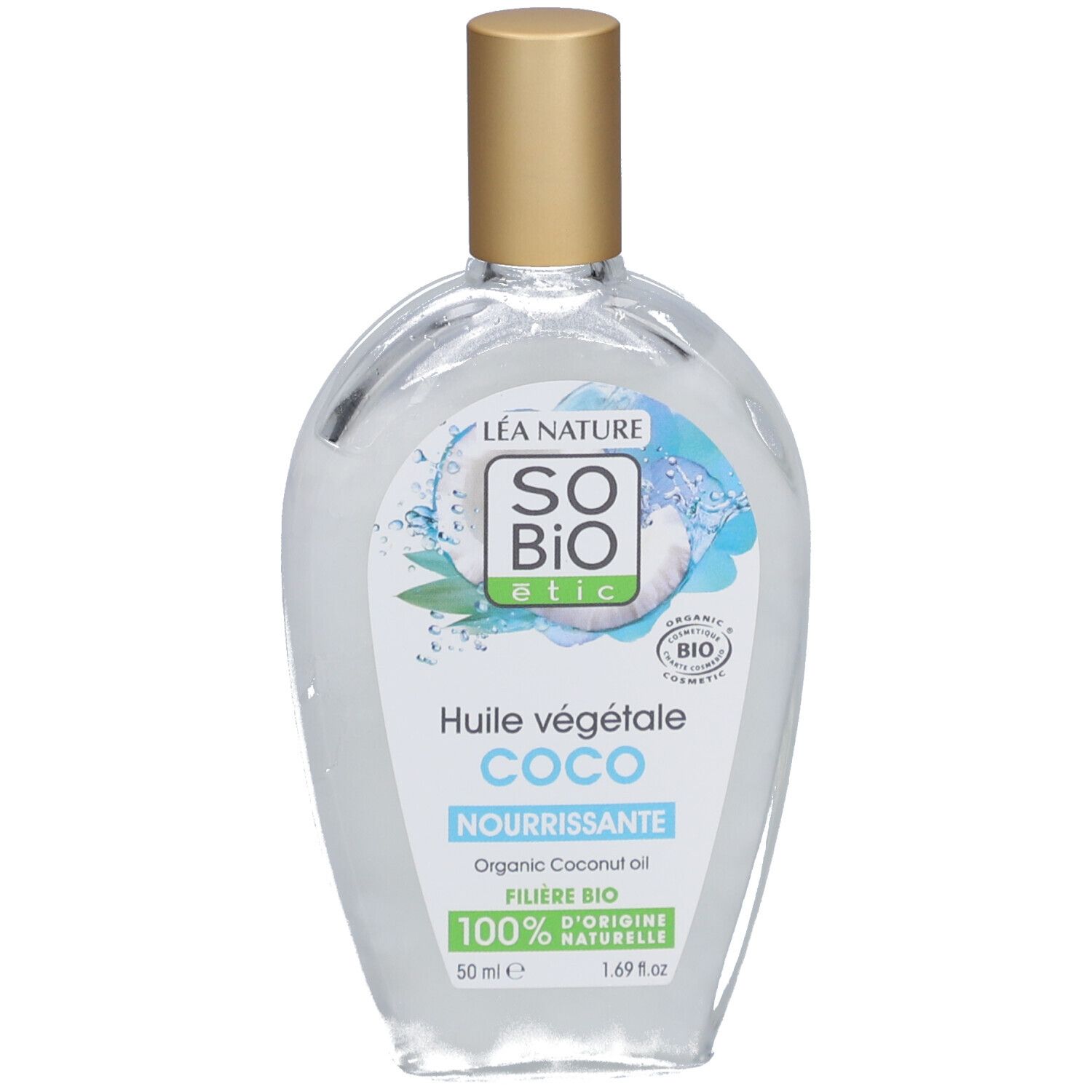 SO BIO ETIC Kokosnussöl. Klare Glasflasche mit goldenem Deckel. Etikett mit Produktinformationen und Bio-Siegel.