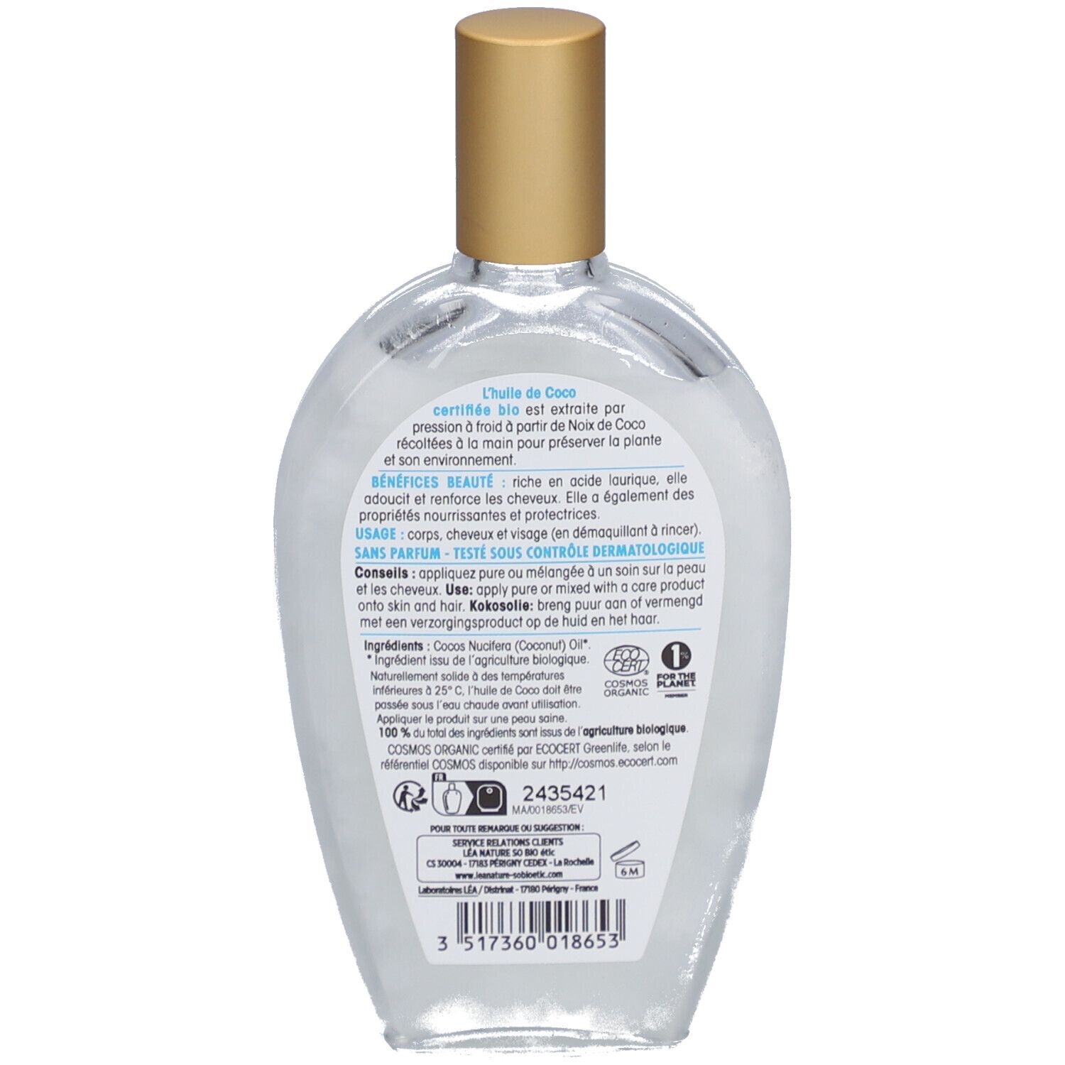 Rückseite der SO BIO ETIC Kokosnussöl-Flasche. Text mit Produktinformationen, Inhaltsstoffen und Bio-Siegel.