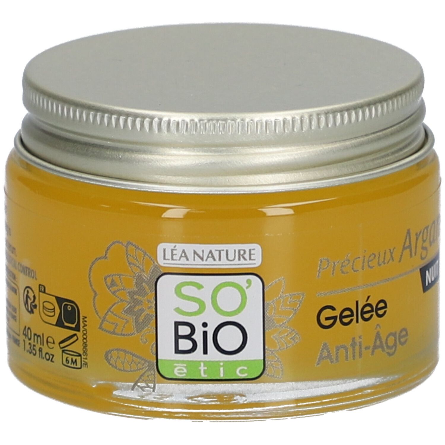 Glas mit goldfarbenem Gel. Deckel silberfarben. Aufschrift: SO'BiO étic, Anti-Âge, Nachtgelee.