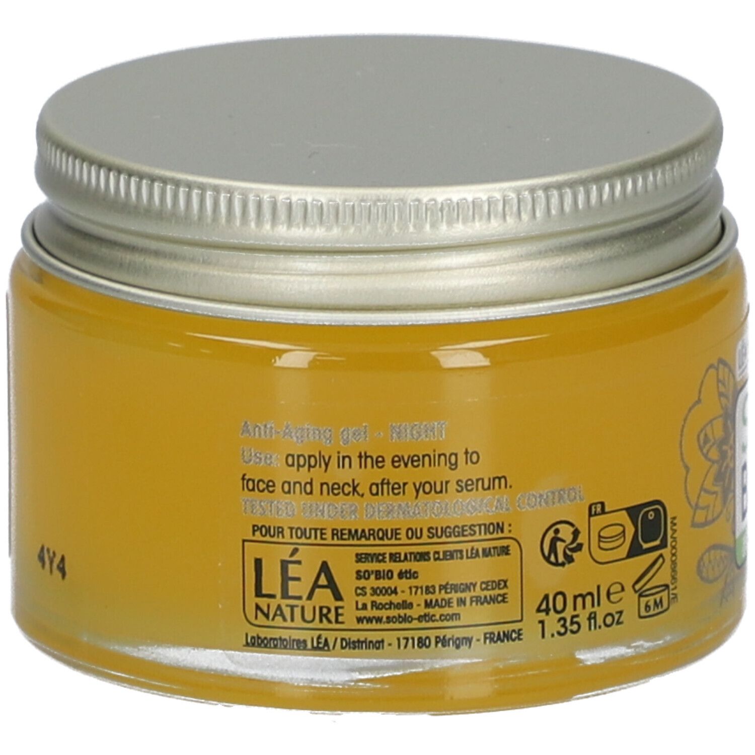 Rückseite des Gels. Text: Anti-Age Gel, abends nach dem Serum auf Gesicht und Hals auftragen.