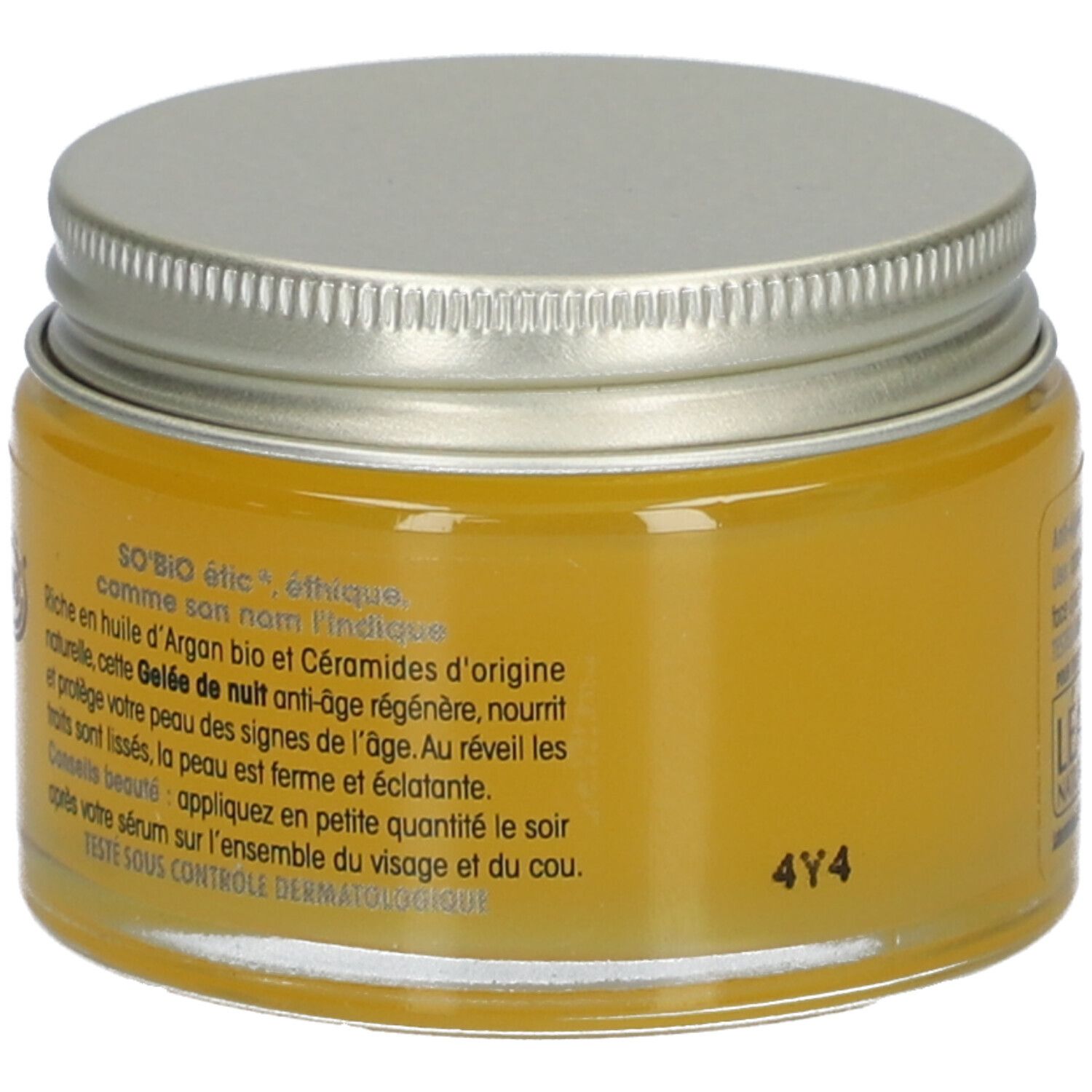 Rückseite des Gels. Text: SO'BiO étic, mit Arganöl und Ceramiden. Für eine strahlende Haut.