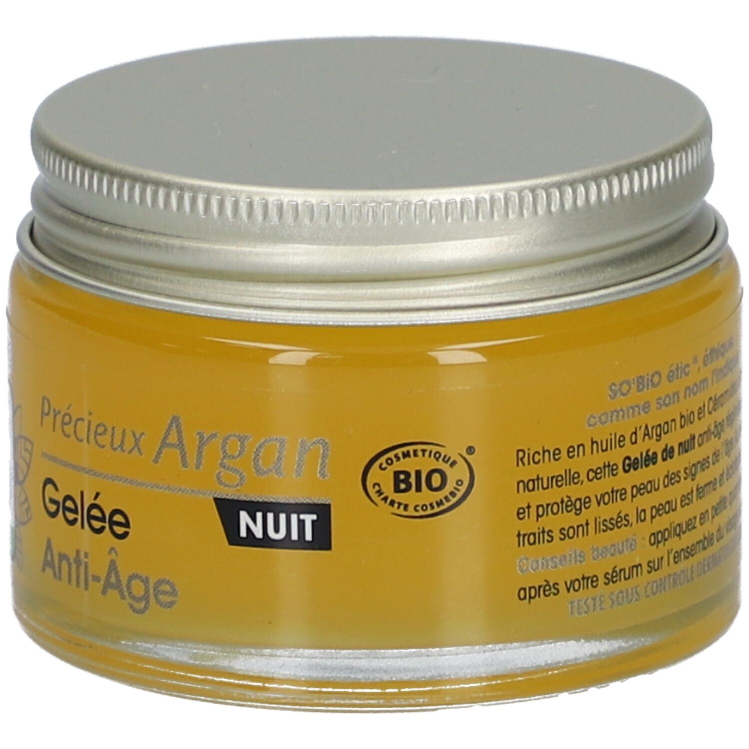 Glas mit goldfarbenem Gel. Deckel silberfarben. Aufschrift: SO'BiO étic, Anti-Âge, Nachtgelee, BIO.