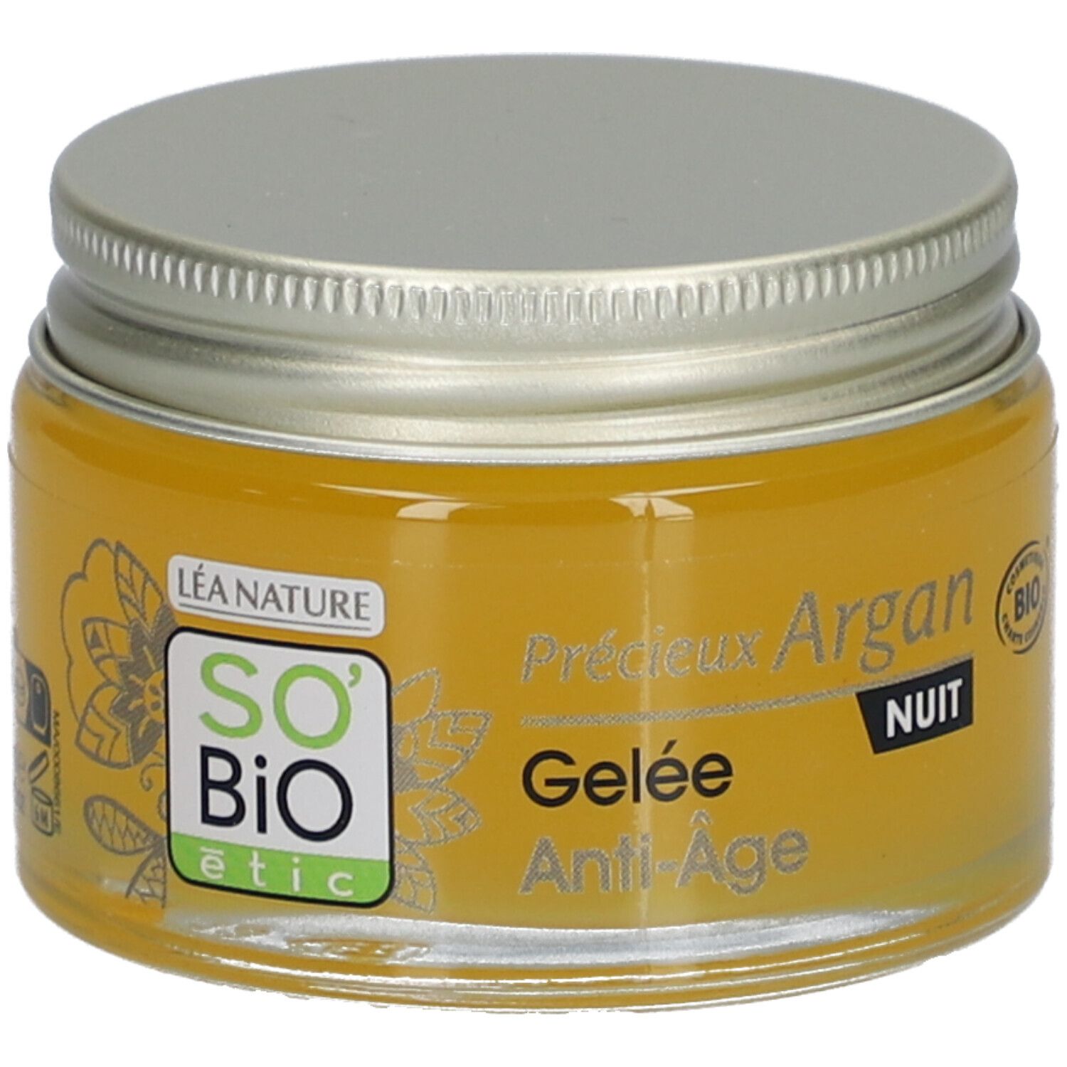 Glas mit goldfarbenem Gel. Deckel silberfarben. Aufschrift: SO'BiO étic, Anti-Âge, Nachtgelee.