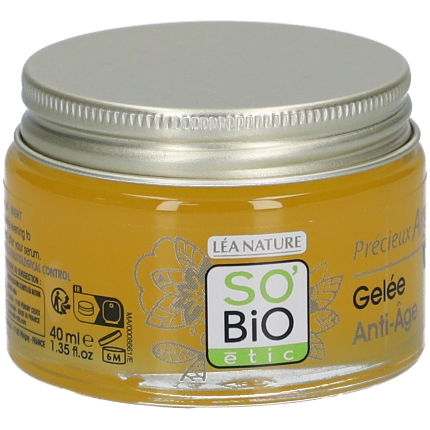Glas mit goldfarbenem Gel. Deckel silberfarben. Aufschrift: SO'BiO étic, Anti-Âge, Nachtgelee, 40ml.