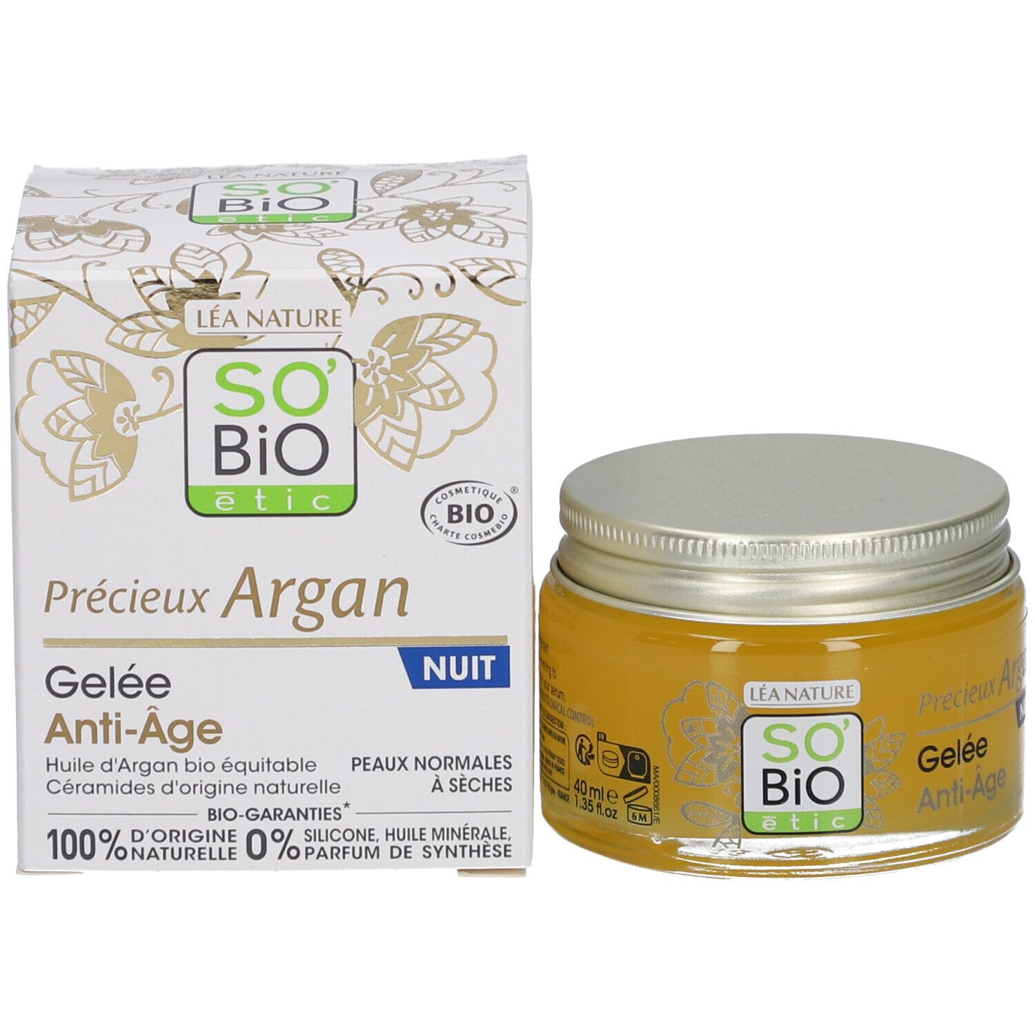 Produktverpackung und Glas mit Gel. Verpackung: SO'BiO étic, Anti-Âge, Nachtgelee. BIO-Zertifizierung.