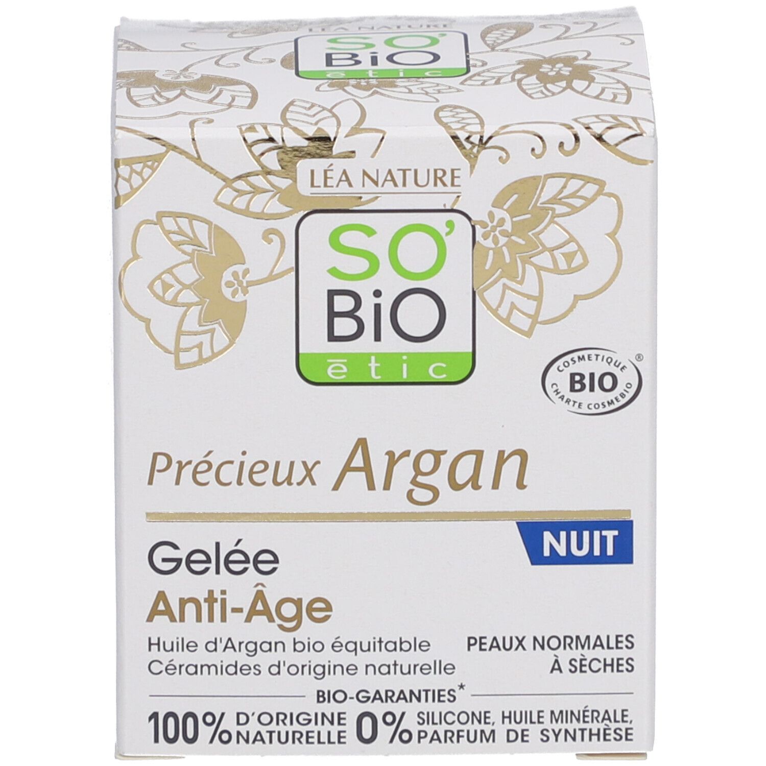 Produktverpackung. Aufschrift: SO'BiO étic, Anti-Âge, Nachtgelee. BIO-Zertifizierung. Für normale bis trockene Haut.