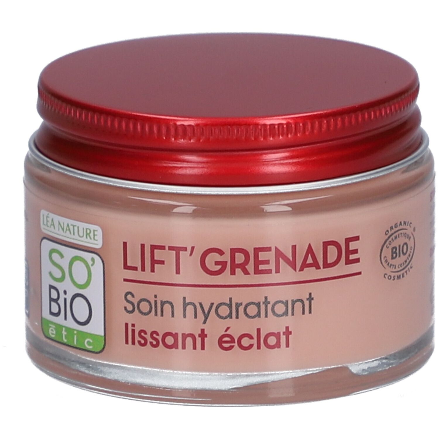 Crème en pot avec couvercle rouge. Inscription: LIFT'GRENADE, Soin hydratant lissant éclat. Certification bio.