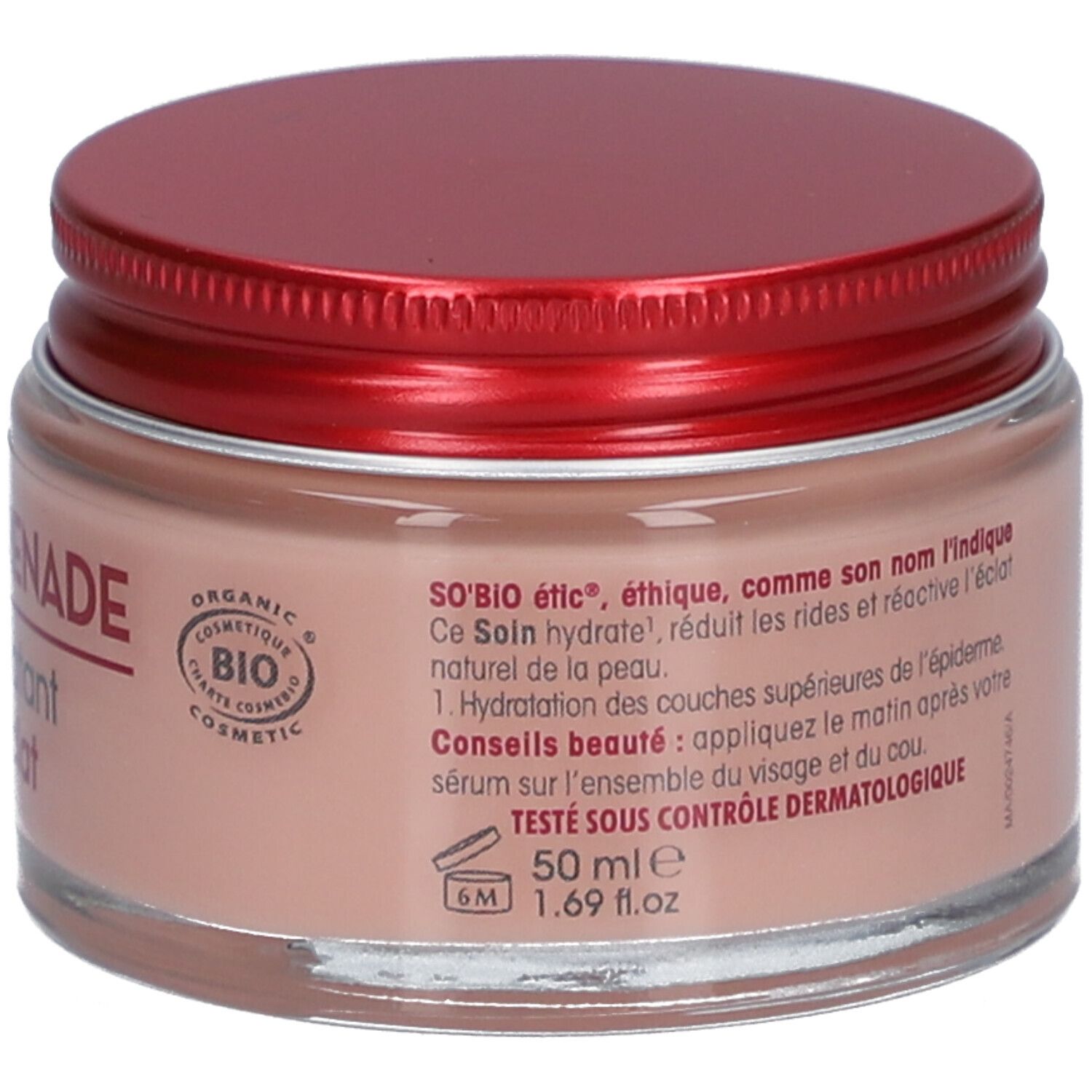 Crème en pot avec couvercle rouge. Inscription: 50 ml, 6M. Texte: SO'BIO etic, certification bio.