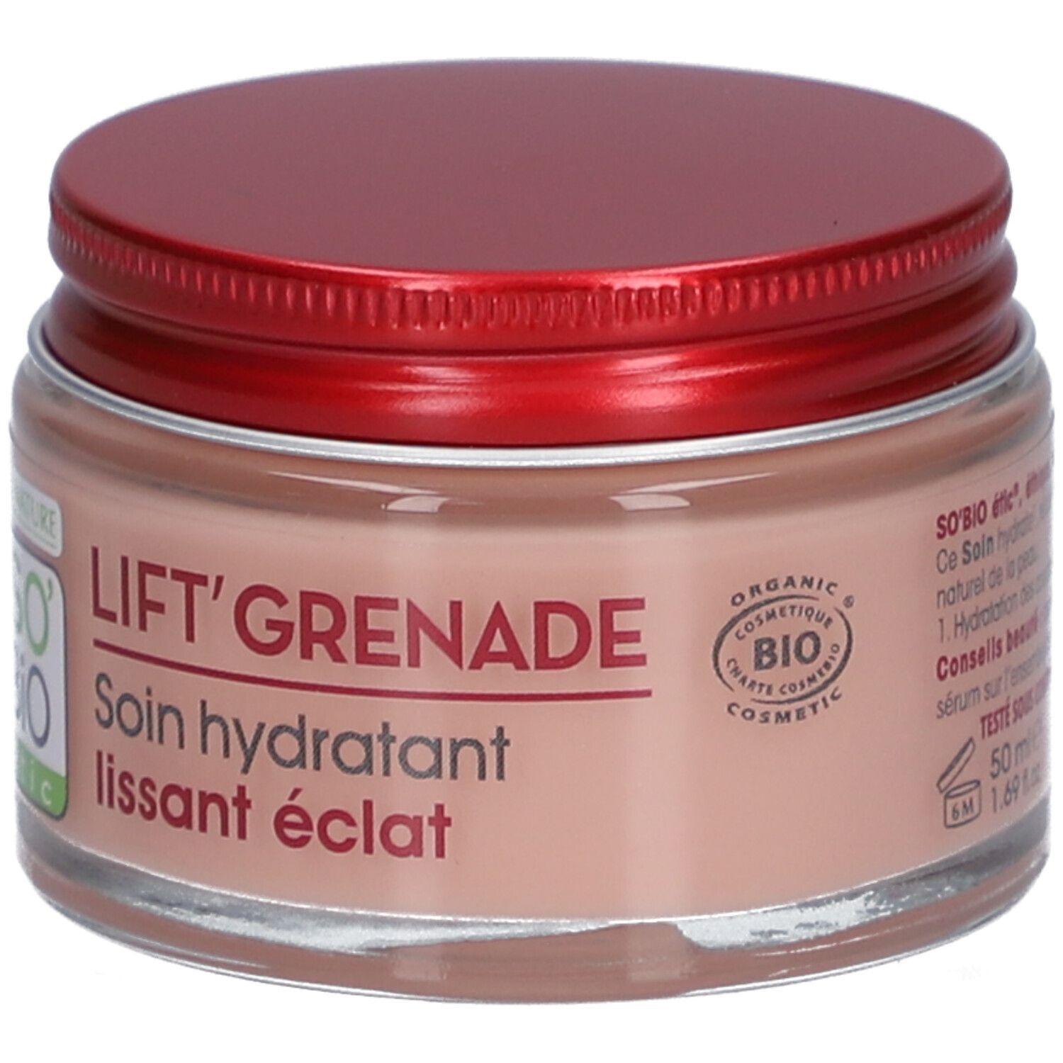 Crème en pot avec couvercle rouge. Inscription: LIFT'GRENADE, Soin hydratant lissant éclat. Certification bio.