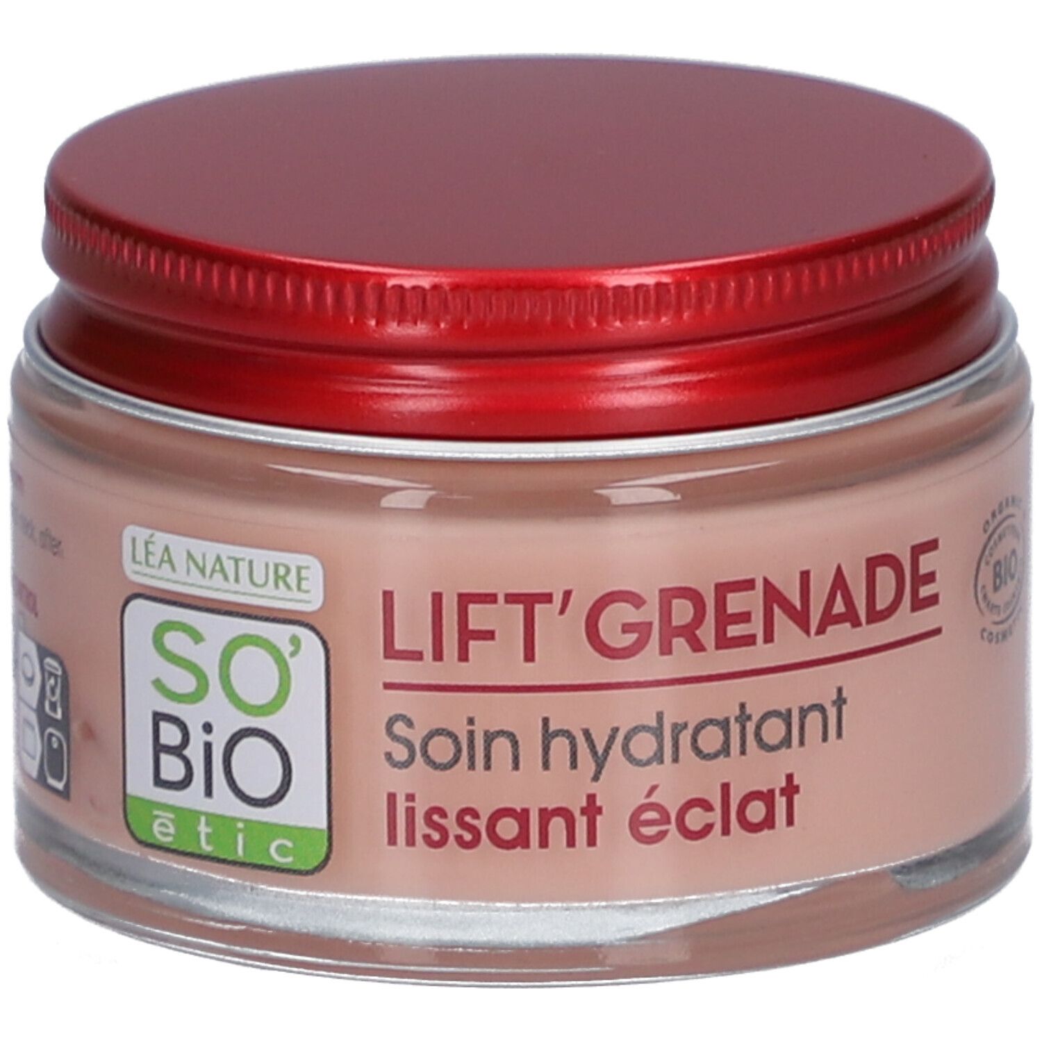 Crème en pot avec couvercle rouge. Inscription: LIFT'GRENADE, Soin hydratant lissant éclat. Certification bio.