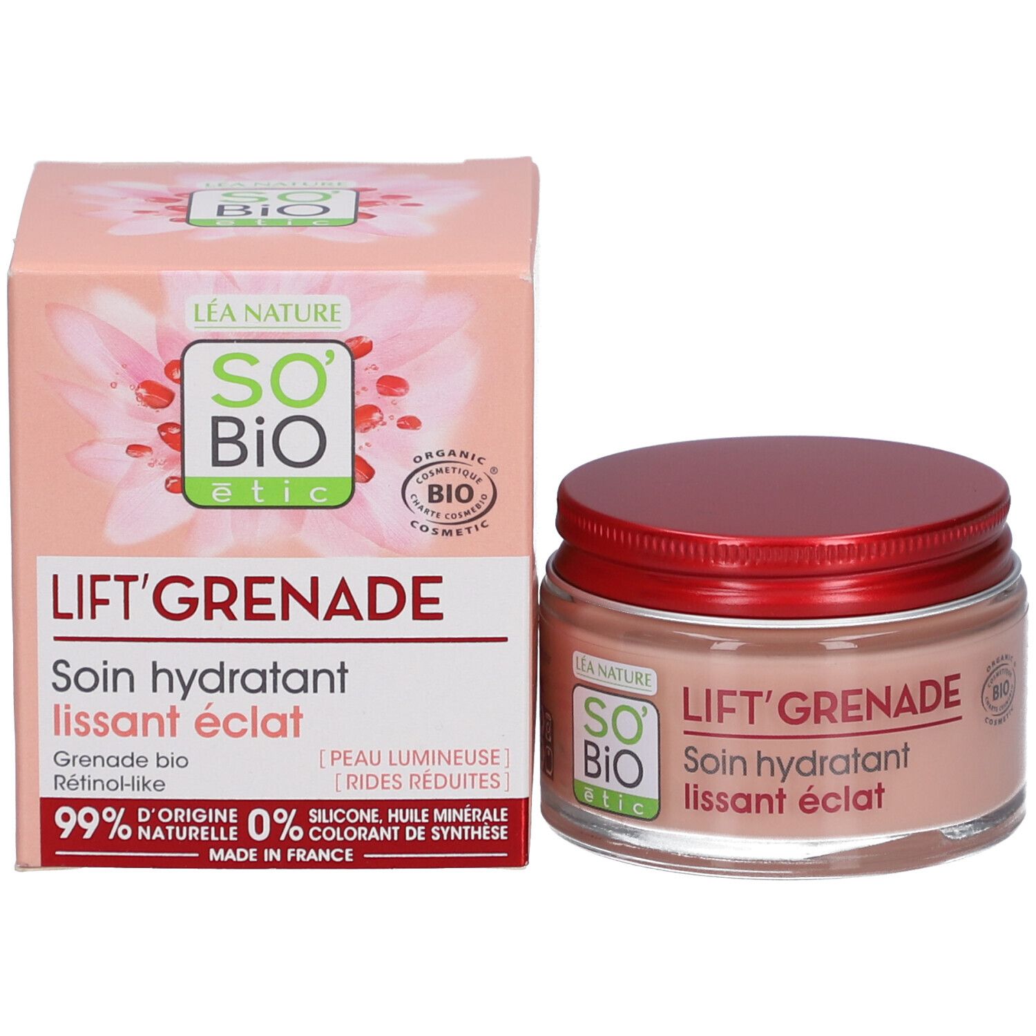 Crème et emballage. Inscription: LIFT'GRENADE, Soin hydratant lissant éclat. 99% d'ingrédients naturels.