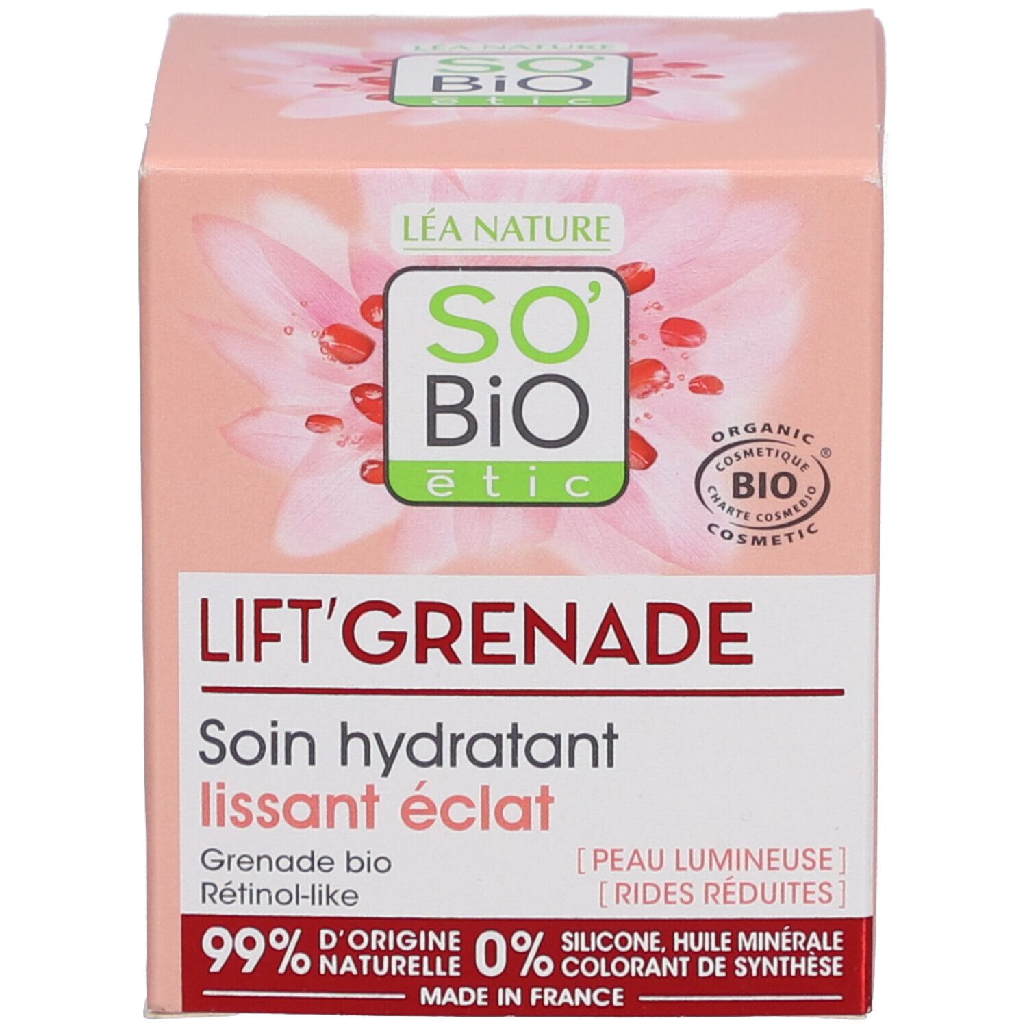 Emballage. Inscription: LIFT'GRENADE, Soin hydratant lissant éclat. 99% d'ingrédients naturels.