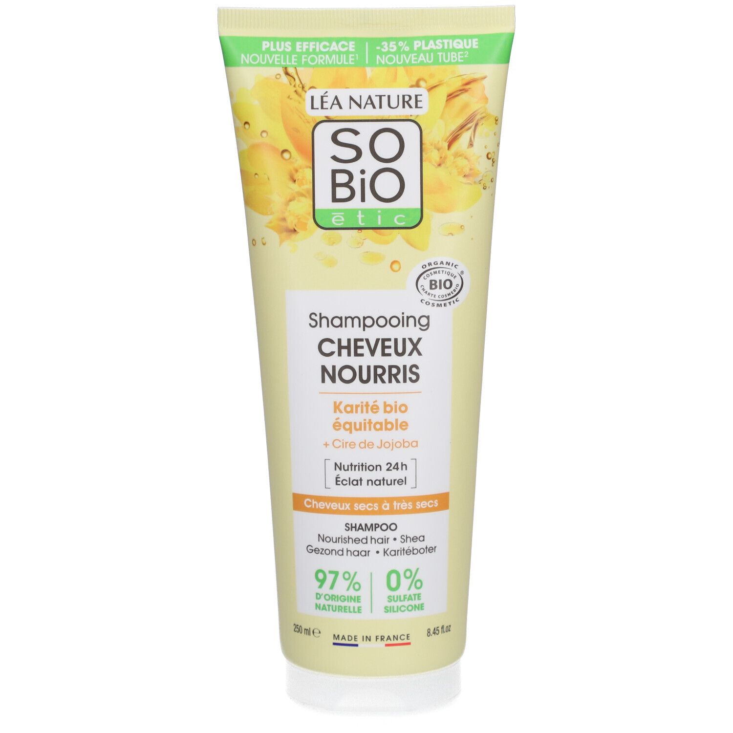 Tube de shampooing SO BIO ETIC. Jaune, avec informations produit et logo bio. Texte: Shampooing Cheveux Nourris.