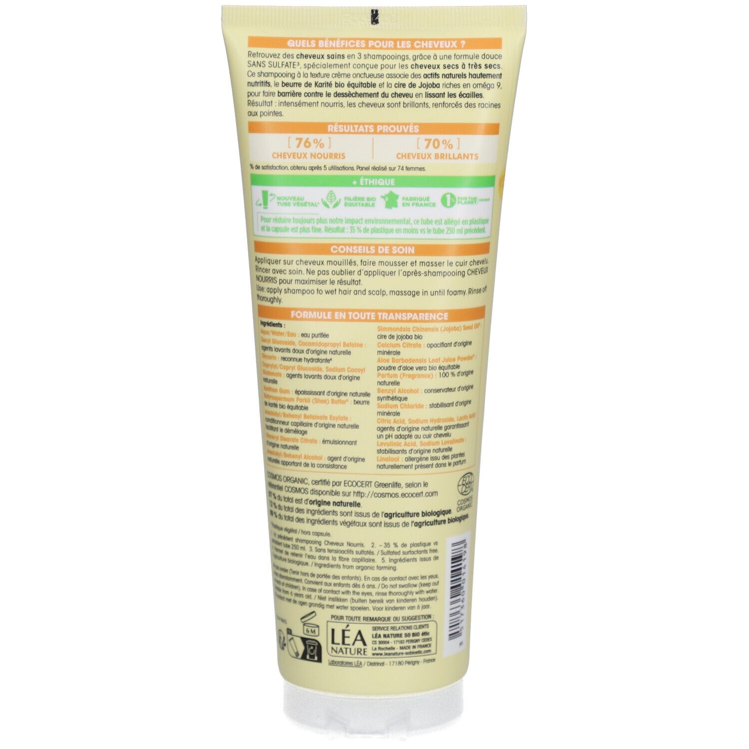 Dos du tube de shampooing SO BIO ETIC. Texte et informations sur le produit, ingrédients et certifications.