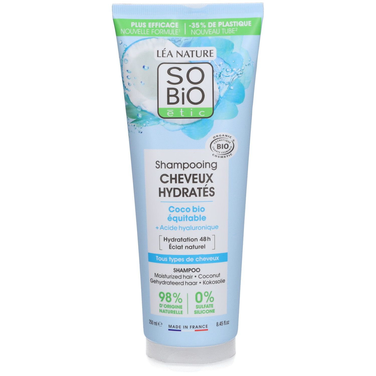 Tube de shampooing SO BIO ETIC pour cheveux hydratés. Ingrédients et informations sur fond bleu.