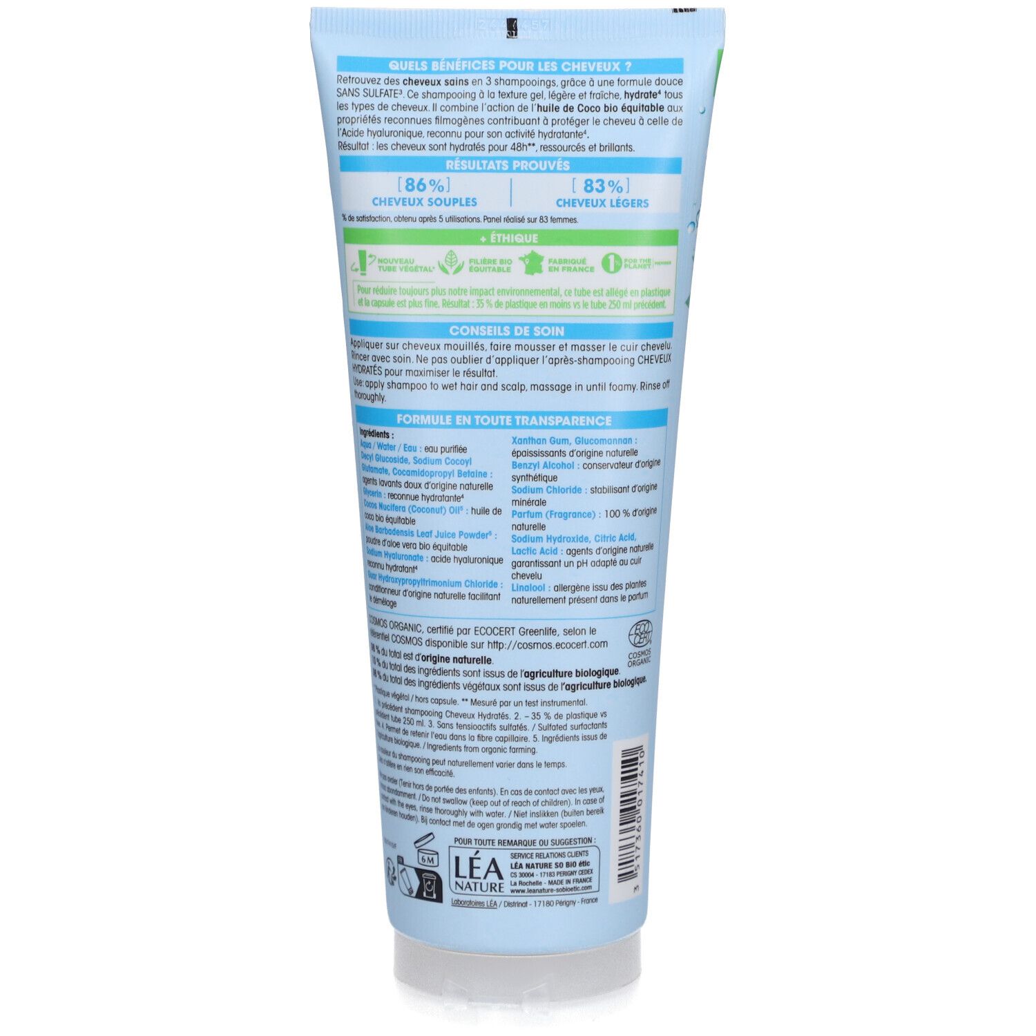 Dos du tube de shampooing SO BIO ETIC. Ingrédients, conseils d'utilisation et certifications.