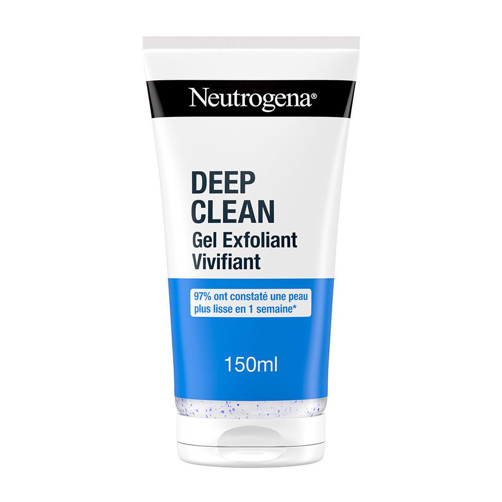 Tube blanc et bleu Neutrogena Deep Clean Gel Exfoliant Vivifiant. Inscription: Deep Clean, Gel Exfoliant Vivifiant, 150ml.