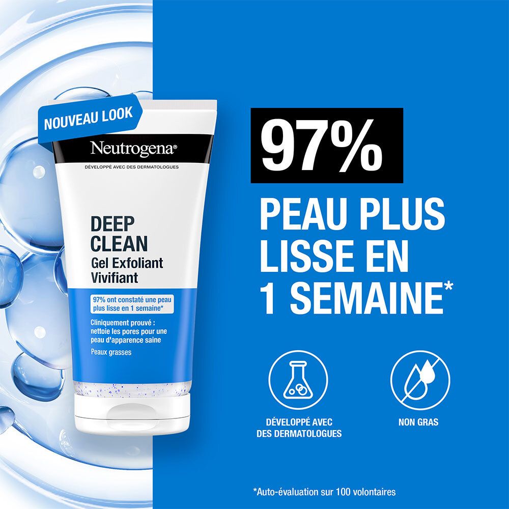 Tube Neutrogena Deep Clean Gel Exfoliant Vivifiant. Texte et graphiques. Texte: 97% peau plus lisse en 1 semaine. Nouveau look.