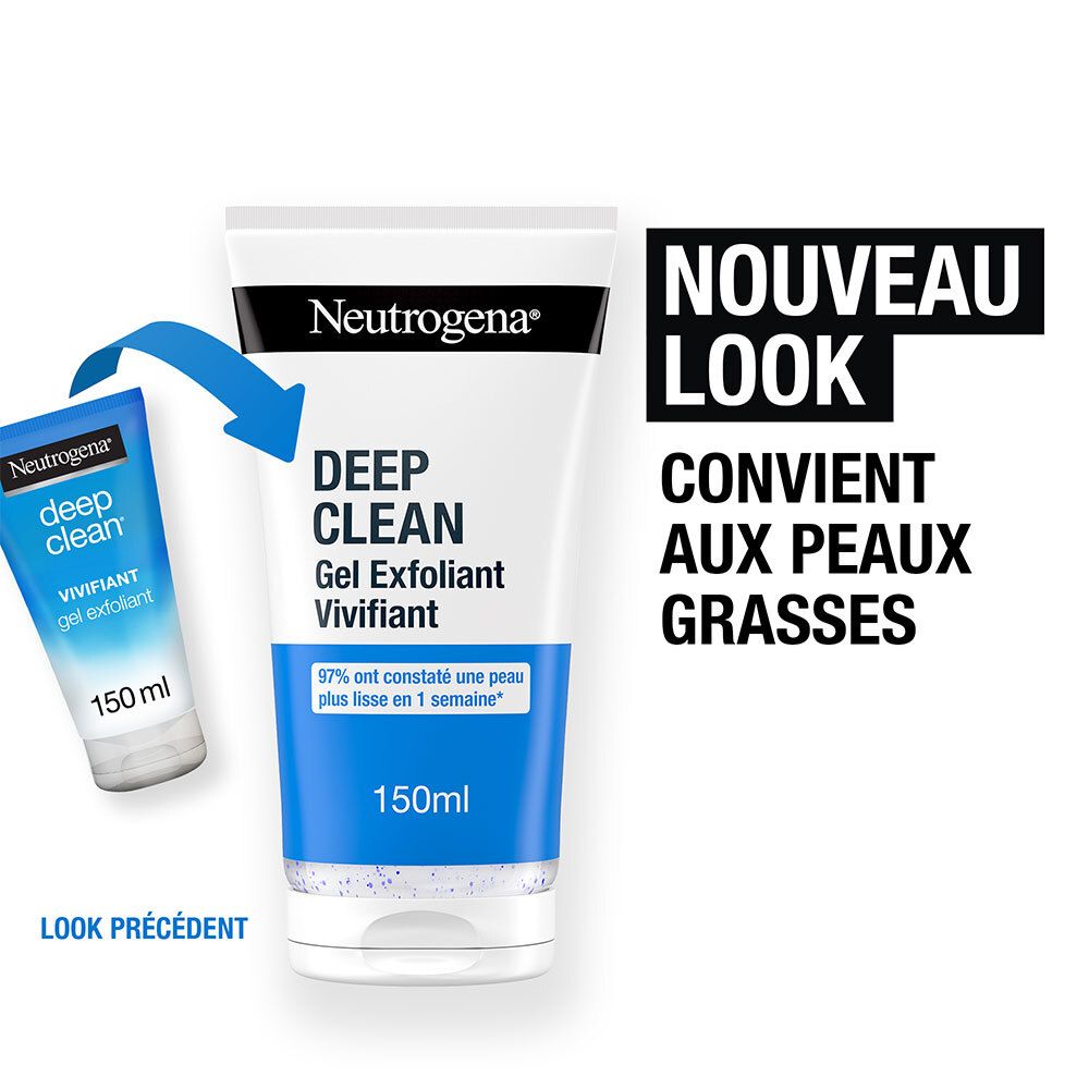 Neutrogena Deep Clean Gel Exfoliant Vivifiant. Tube avec flèche et texte. Texte: Nouveau, convient aux peaux grasses. Petit produit.