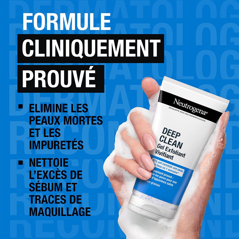 Neutrogena Deep Clean Gel Exfoliant Vivifiant. Tube dans la main avec mousse. Texte: Formule cliniquement prouvée. Élimine impuretés.