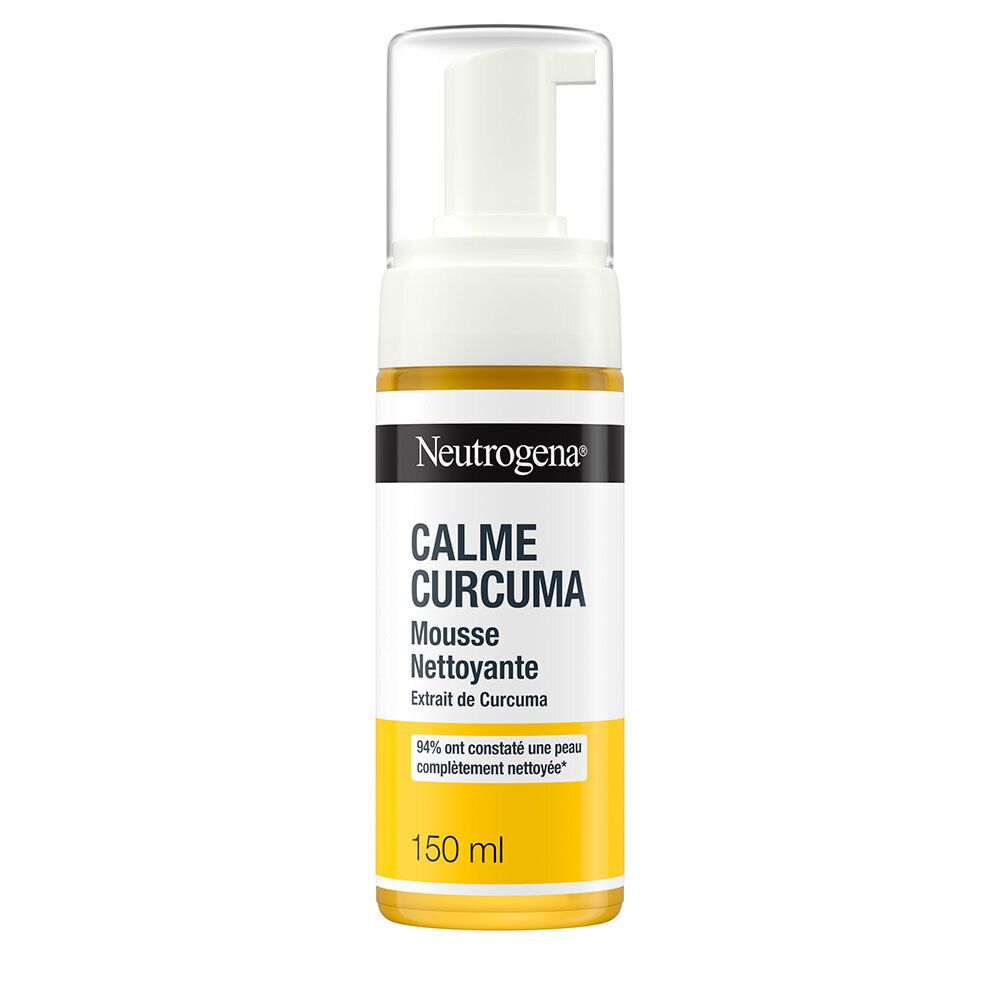 Neutrogena Calme Curcuma Mousse Nettoyante. Flacon blanc et jaune. Texte: Calme Curcuma, Mousse Nettoyante, 150 ml.
