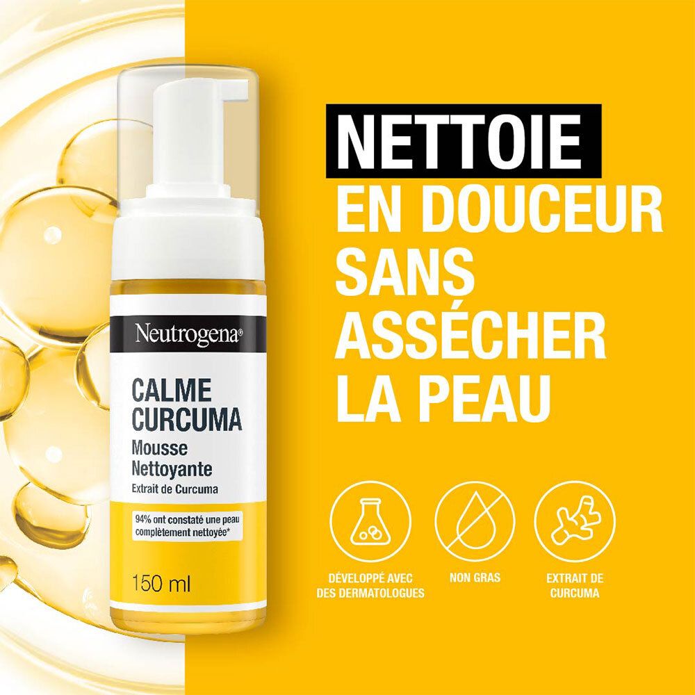 Neutrogena Calme Curcuma Mousse Nettoyante. Flacon et texte: Nettoie en douceur sans assécher la peau. Symboles: testé dermatologiquement.