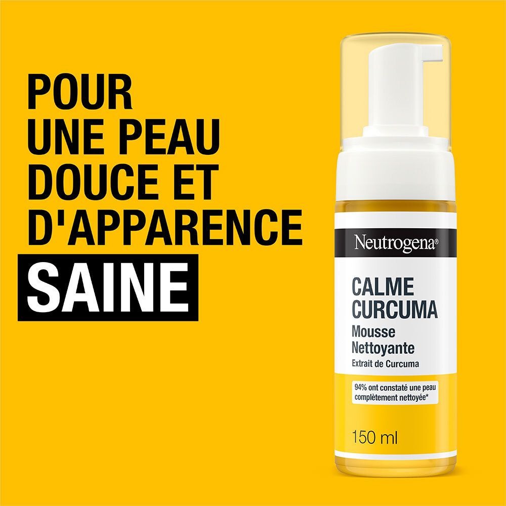 Neutrogena Calme Curcuma Mousse Nettoyante. Flacon et texte: Pour une peau douce et d'apparence saine.