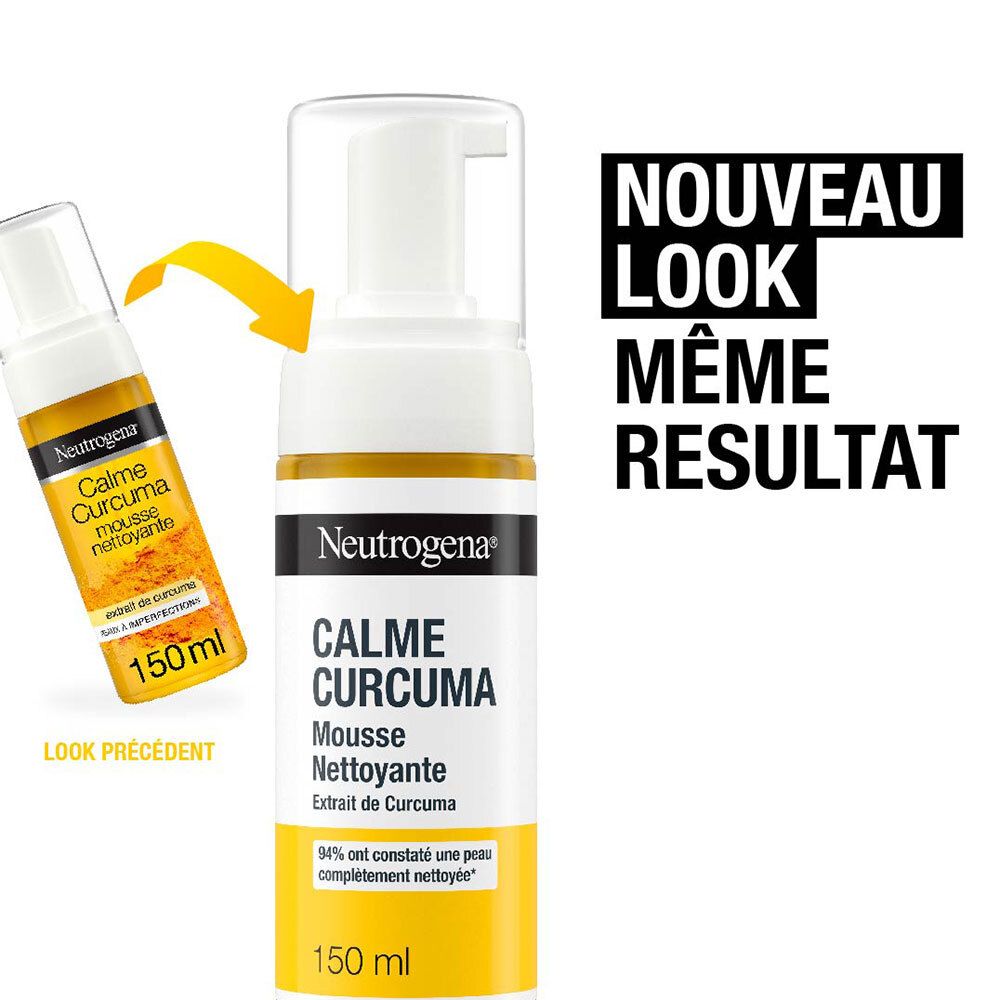 Neutrogena Calme Curcuma Mousse Nettoyante. Flacon et texte: Nouveau Look, Même Résultat. Comparaison avec l'ancien look.