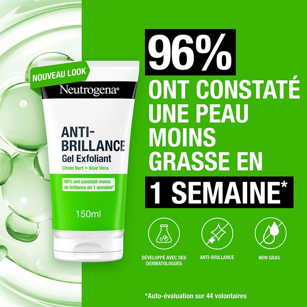 Tube de produit avec texte et graphiques sur fond vert. 96% moins de brillance en 1 semaine. Neutrogena.