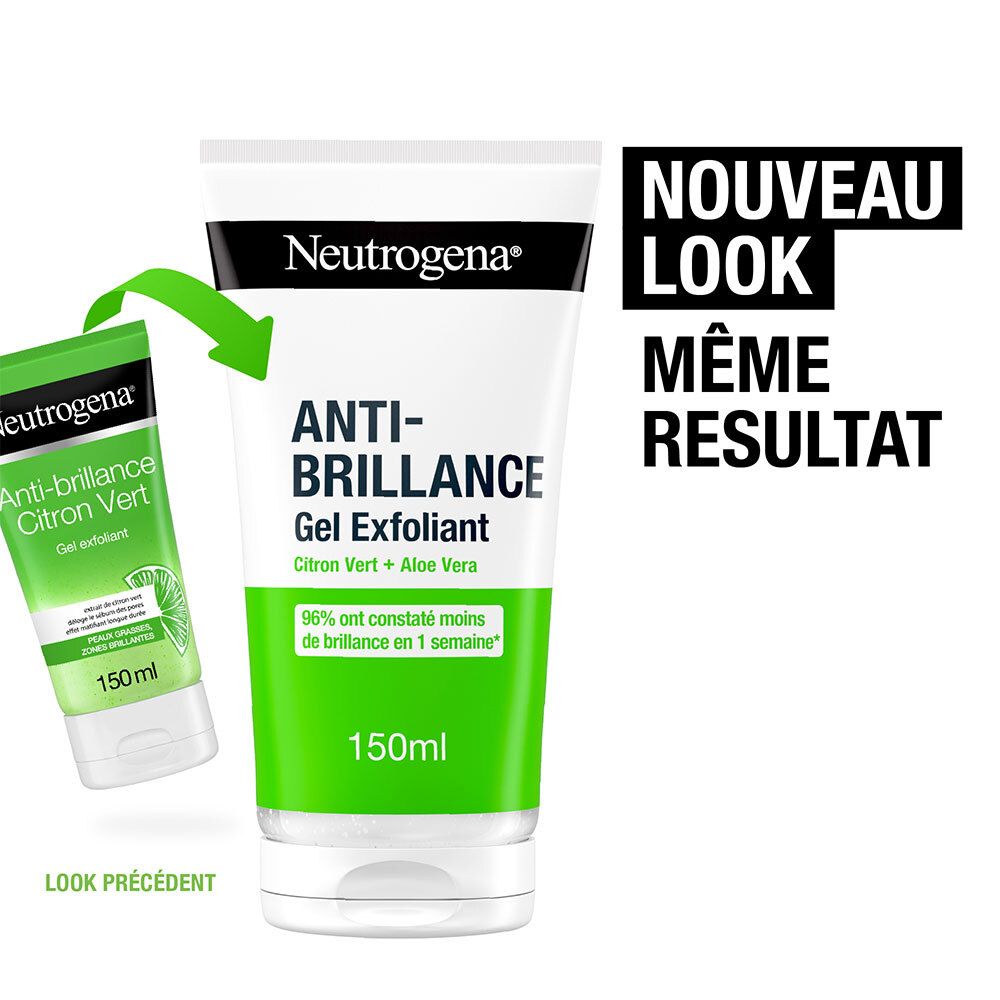 Tube de produit avec comparaison. Gauche : ancien design. Droite : nouveau design. Neutrogena Anti-Brillance Gel Exfoliant.