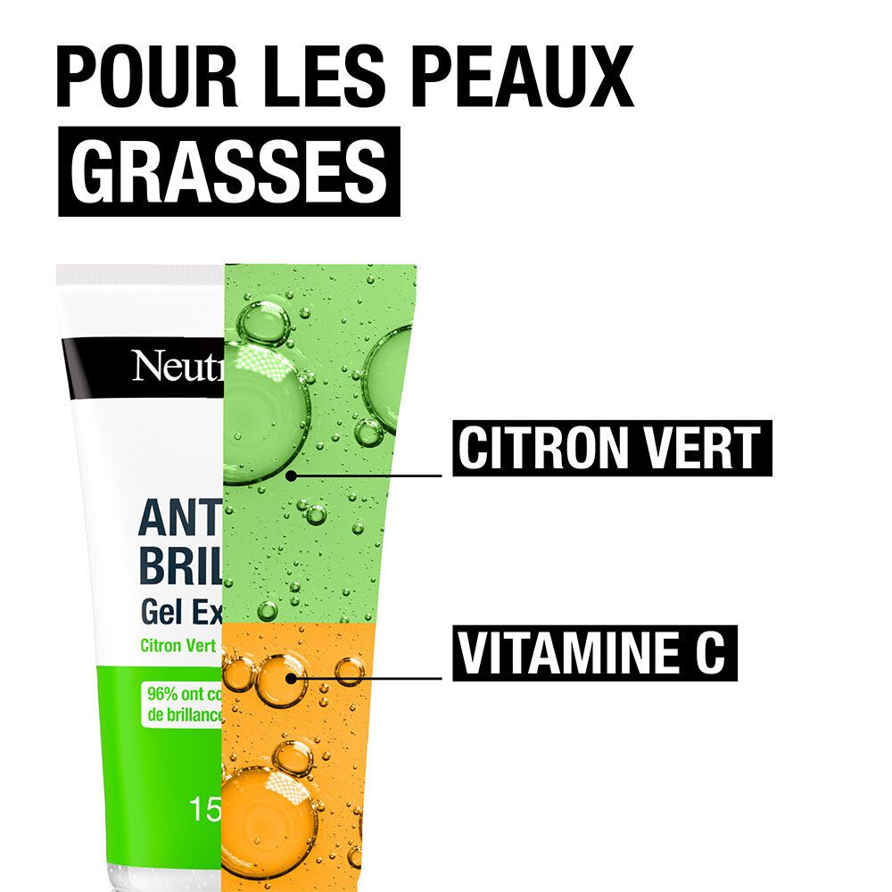 Graphique avec ingrédients : citron, vitamine C. Tube de produit avec texte. Pour peaux grasses. Neutrogena.