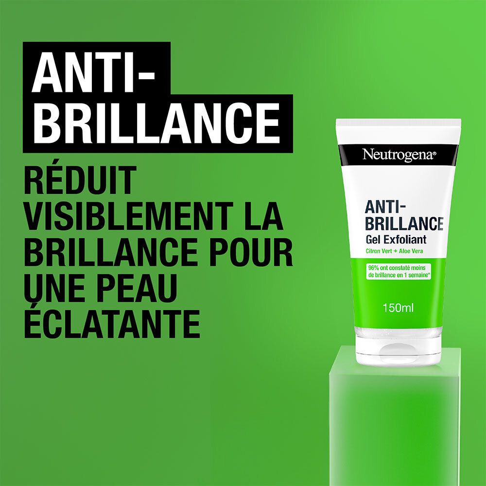 Tube de produit sur socle vert. Texte : Anti-Brillance, réduit la brillance. Neutrogena Anti-Brillance Gel Exfoliant.