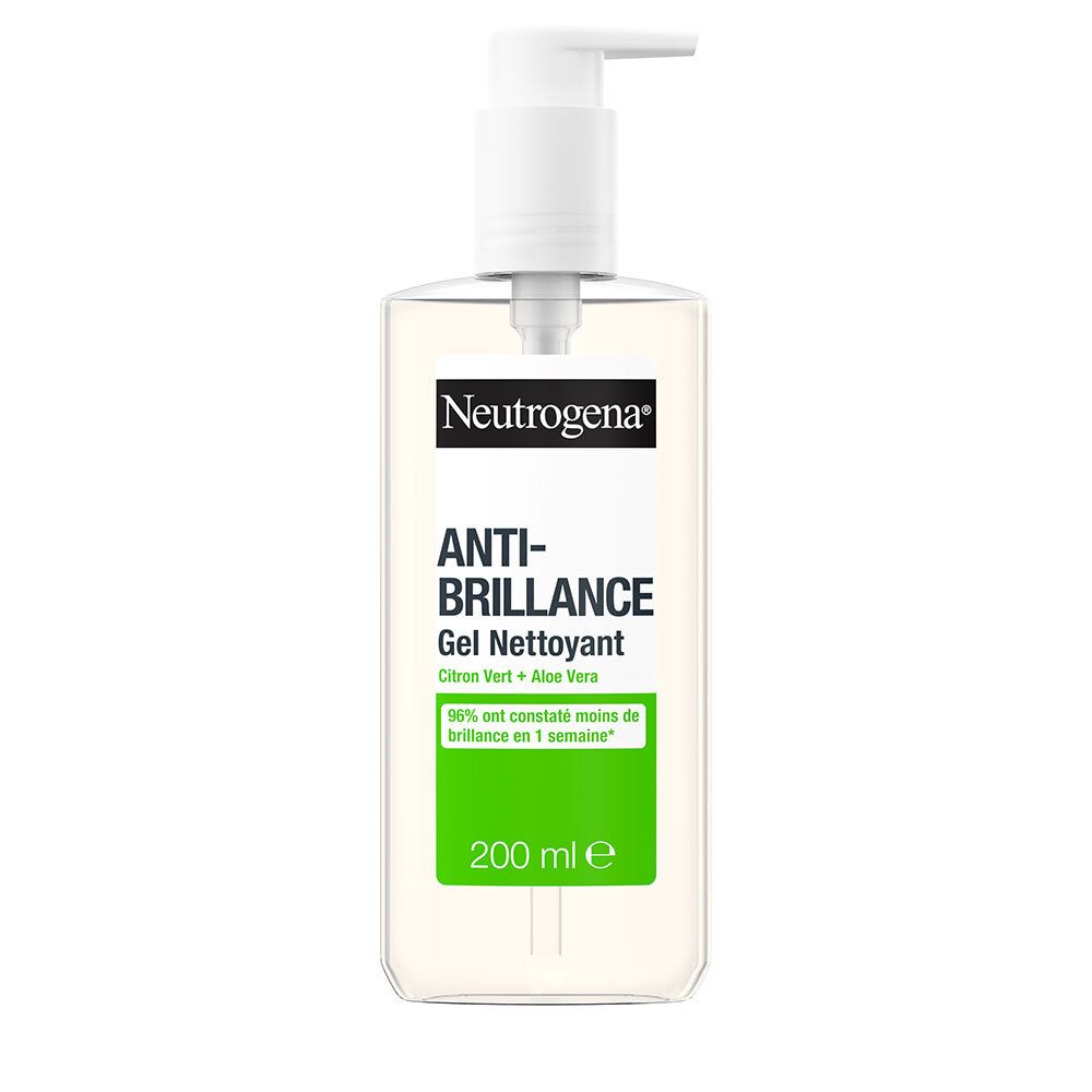 Flacon transparent Neutrogena Anti-Brillance Gel Nettoyant avec pompe blanche. Étiquette avec informations produit.