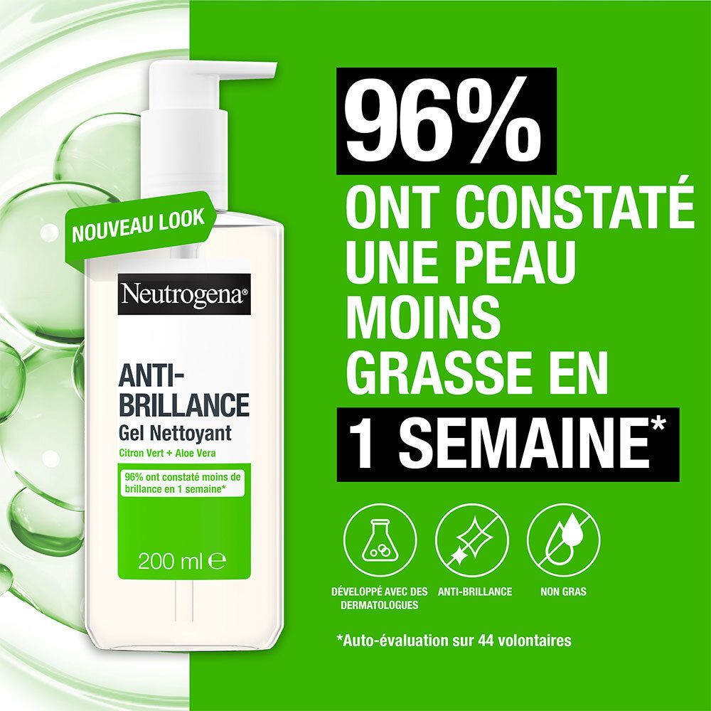 Flacon Neutrogena Anti-Brillance Gel Nettoyant avec pompe blanche. Texte : 96% moins de brillance en 1 semaine.