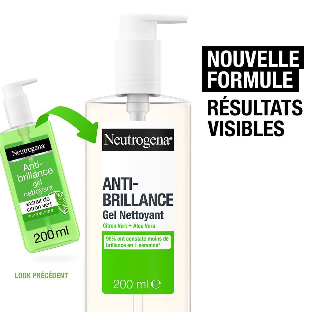 Neutrogena Anti-Brillance Gel Nettoyant. Comparaison : ancien design. Flacon avec pompe blanche. 200 ml.